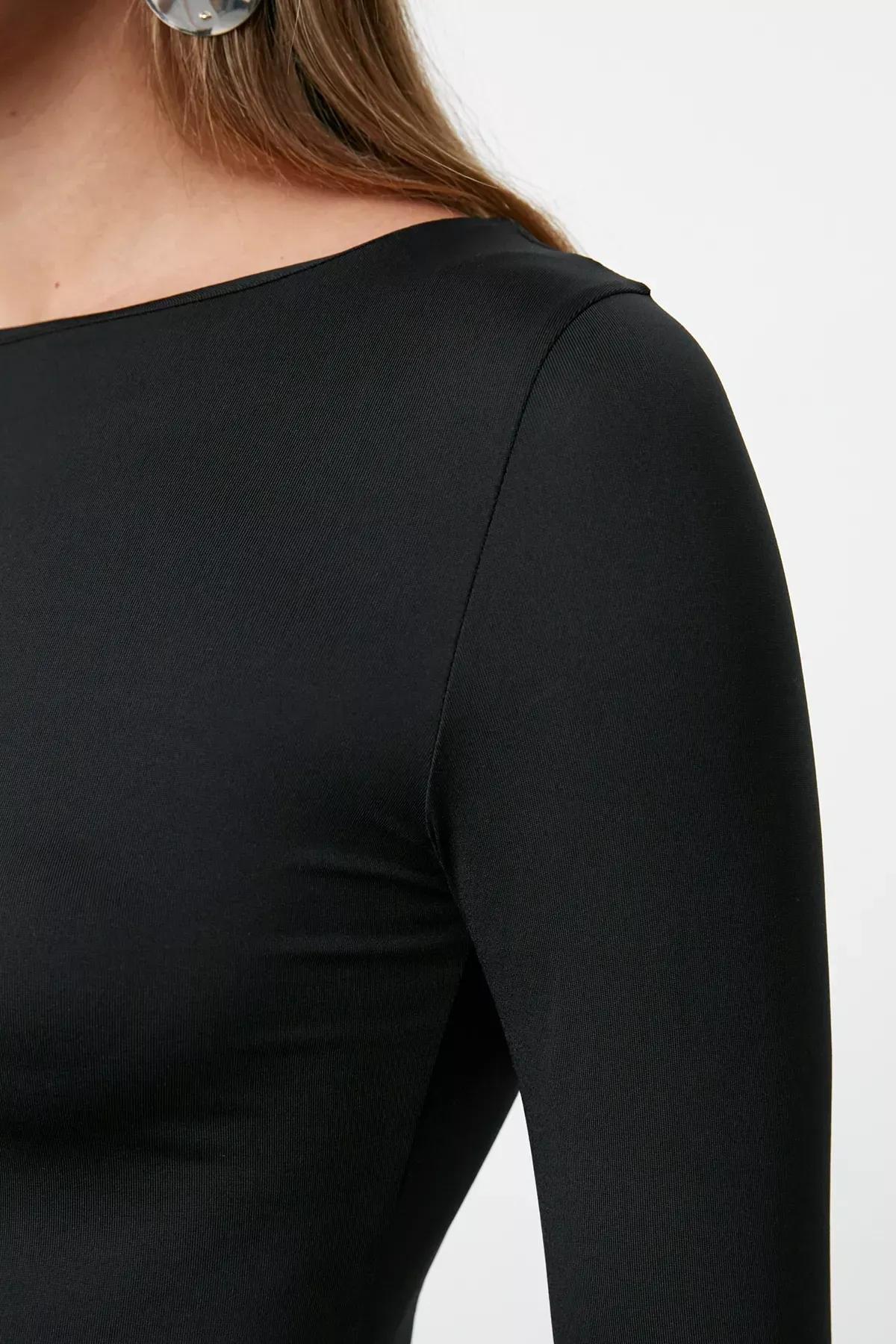 Black Straight Polyamide Midi Knitted Dress, , large image number 4