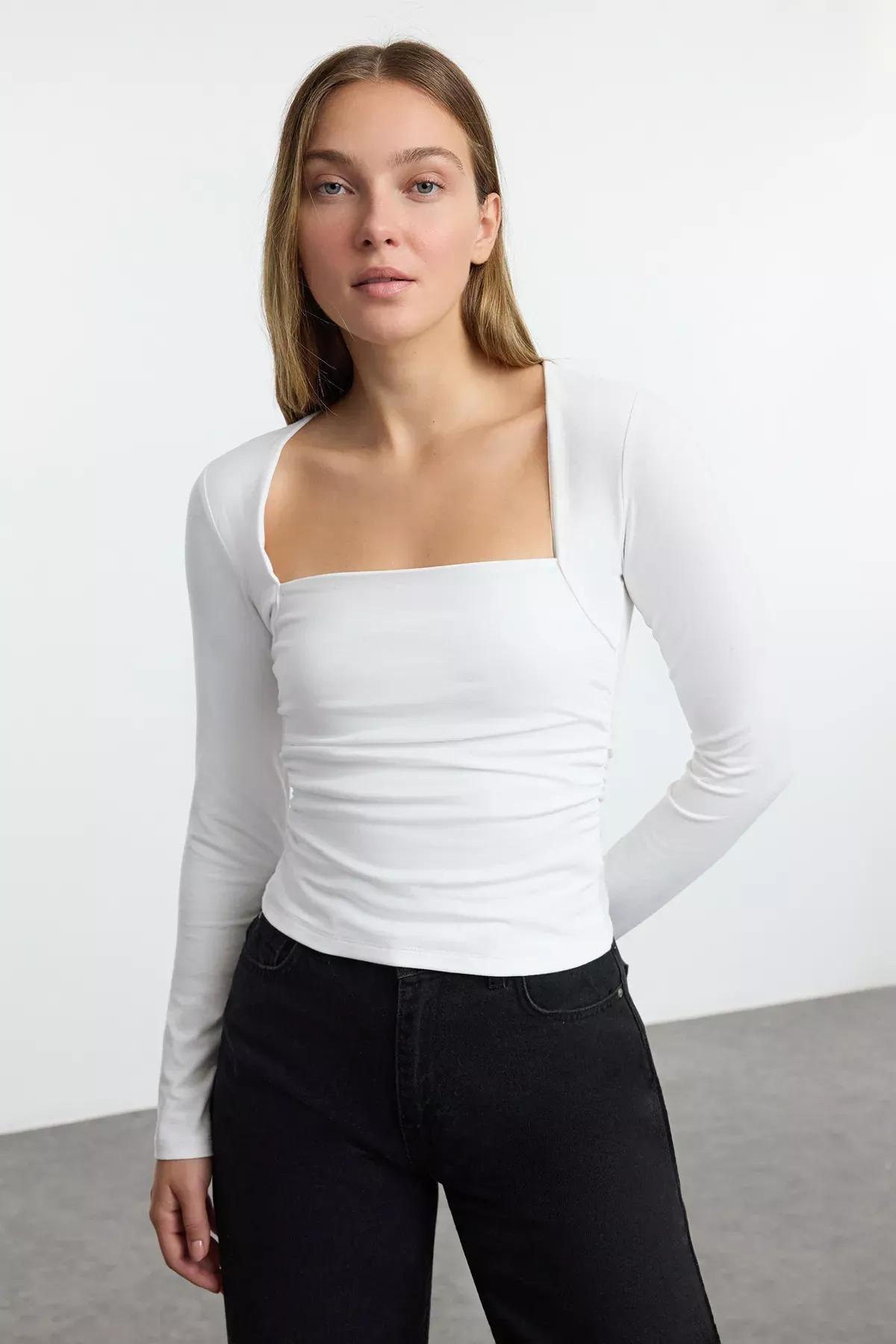 Beige Square Neck Fitted Blouse, Ecru, large image number 0