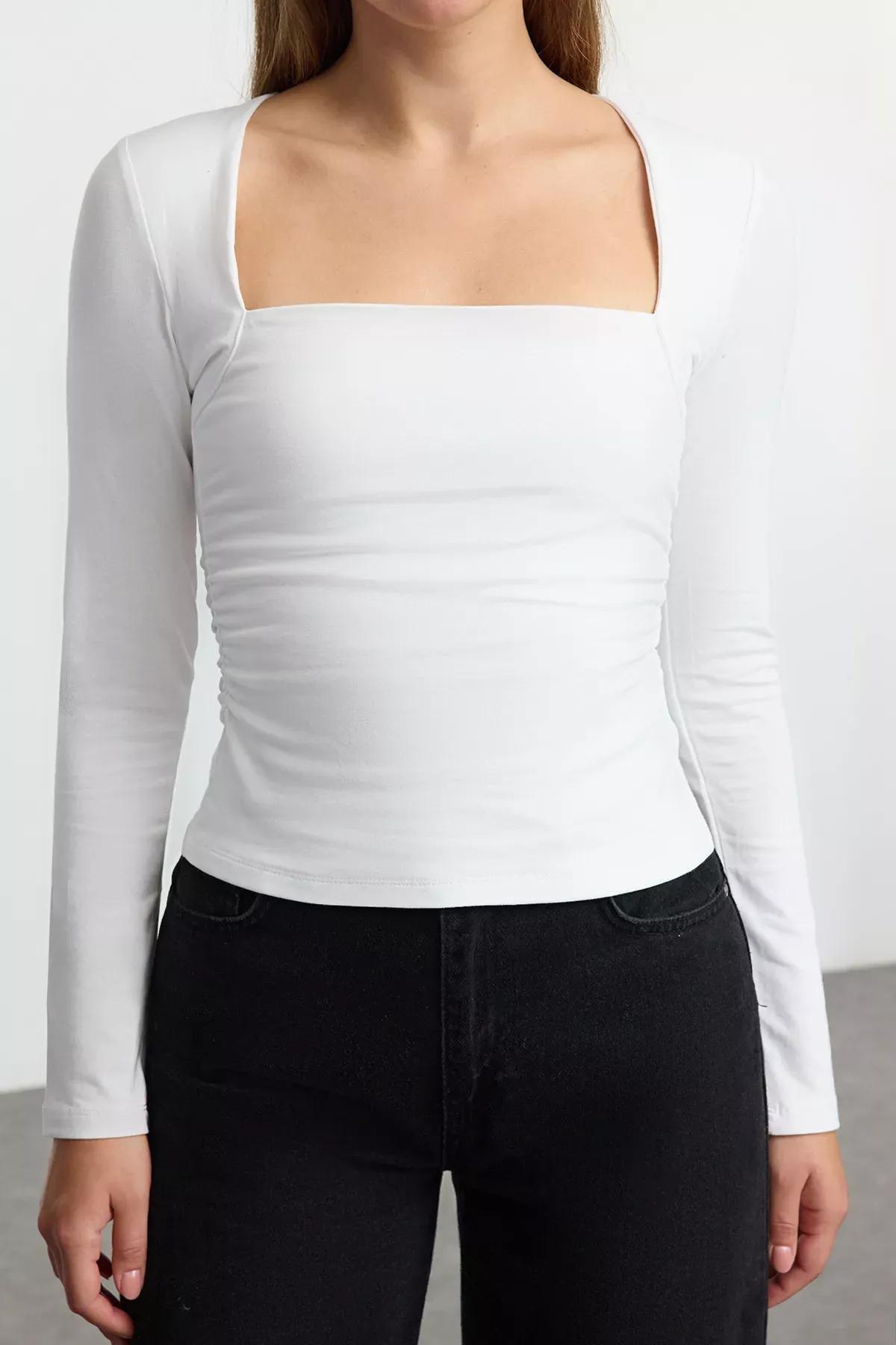 Beige Square Neck Fitted Blouse, Ecru, large image number 3