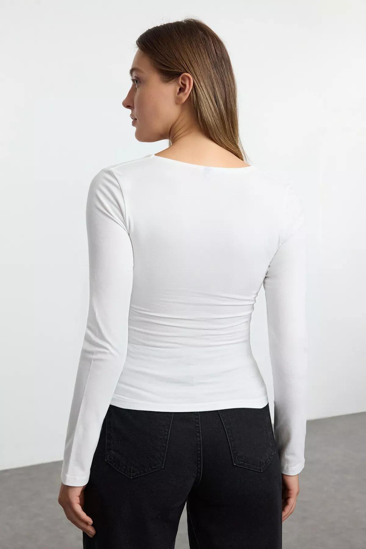 Beige Square Neck Fitted Blouse, Ecru, large image number 4