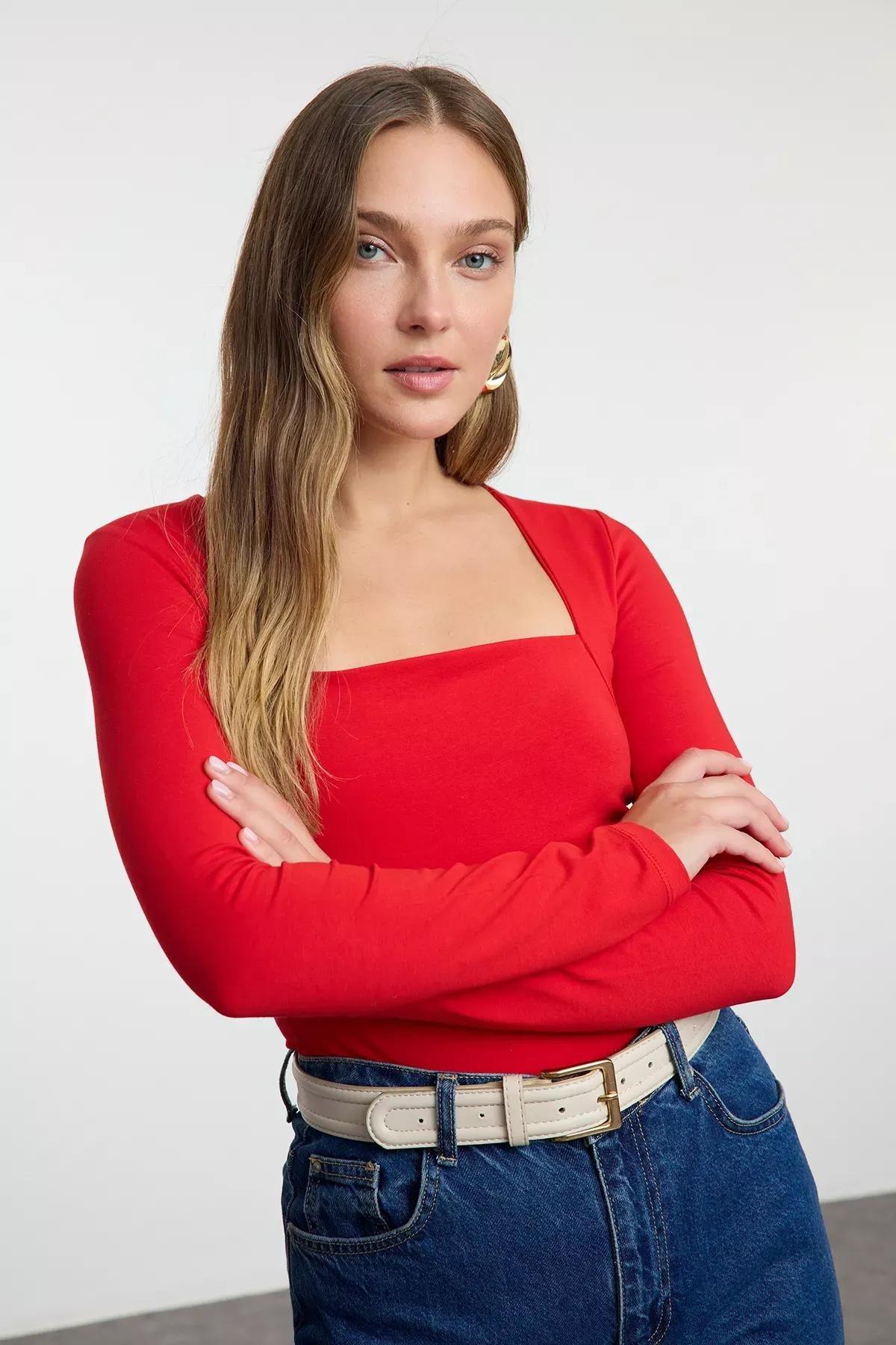 Red Square Neck Drape Blouse, Red, large image number 0