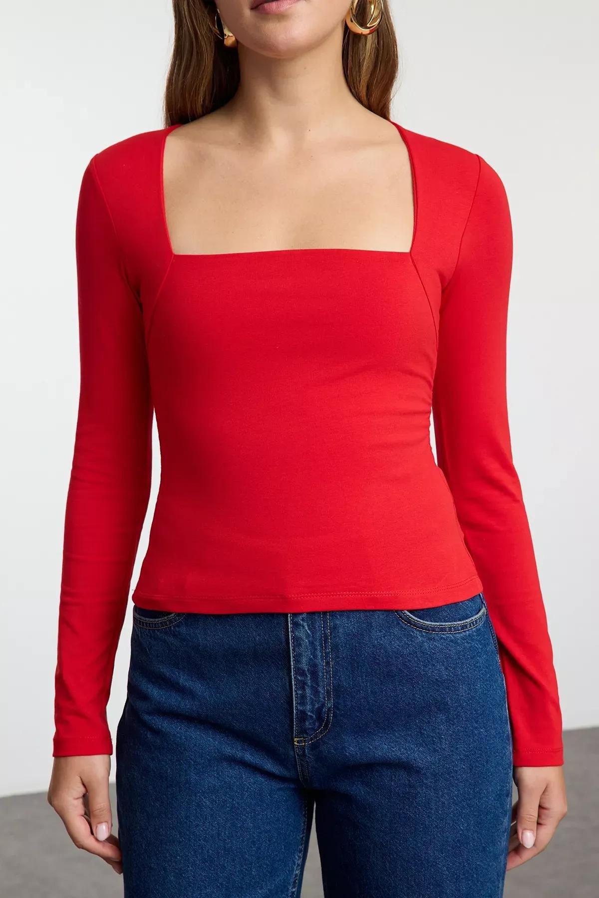 Red Square Neck Drape Blouse, Red, large image number 1