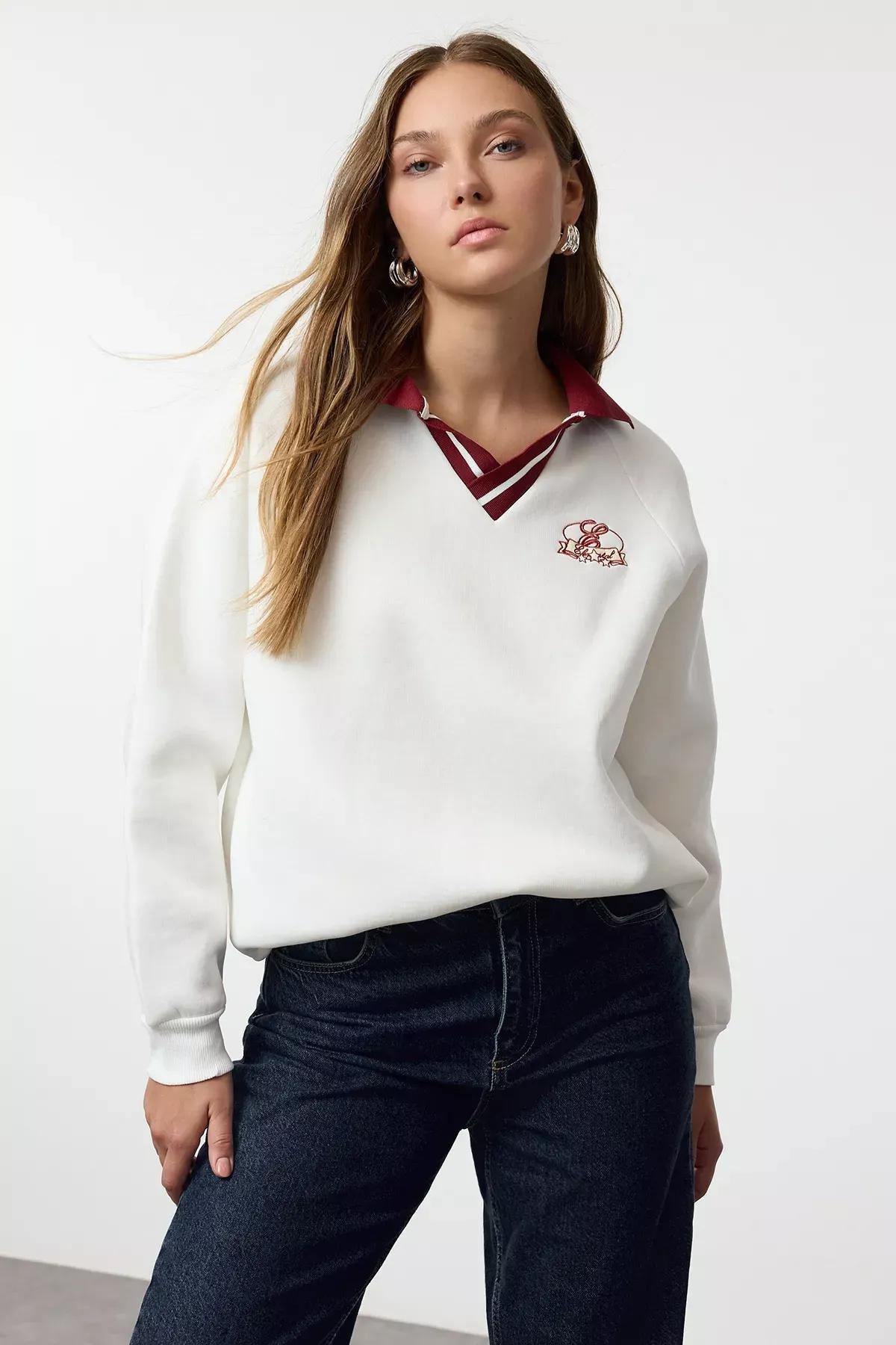 Beige Embroidered Oversize Knitted Sweatshirt, , large image number 0