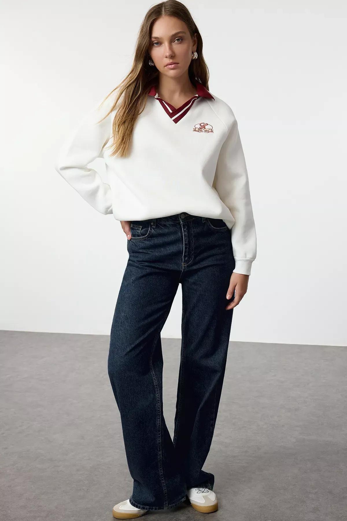 Beige Embroidered Oversize Knitted Sweatshirt, , large image number 1