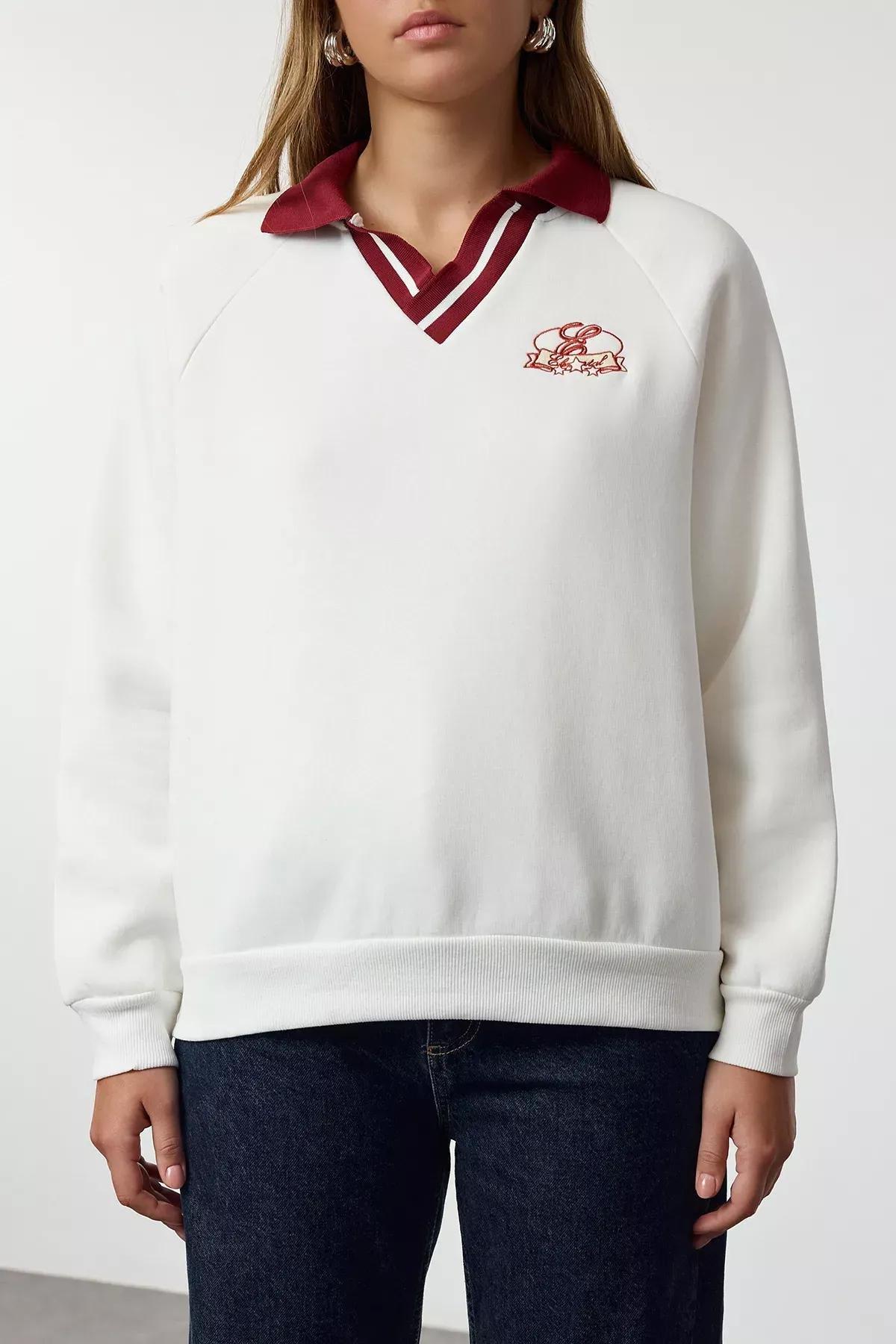 Beige Embroidered Oversize Knitted Sweatshirt, , large image number 3