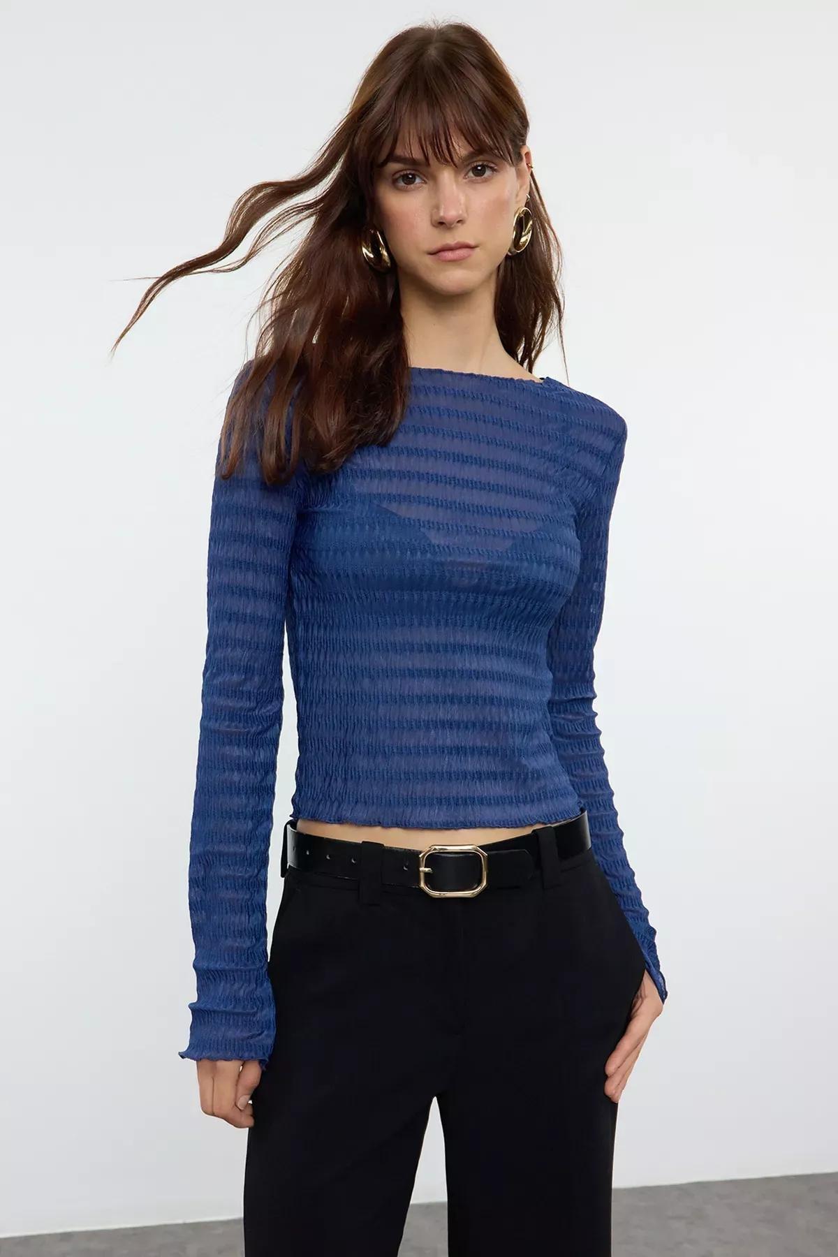 Blue Fitted Textured Tulle Blouse, Indigo, large image number 0