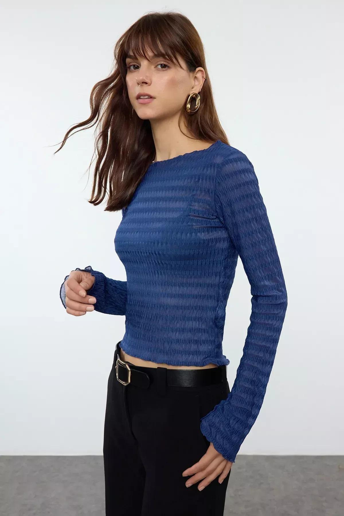 Blue Fitted Textured Tulle Blouse, Indigo, large image number 1