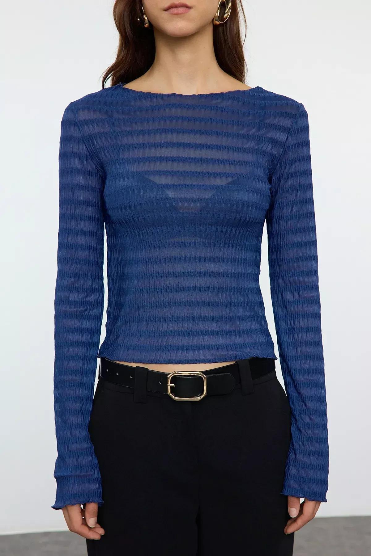 Blue Fitted Textured Tulle Blouse, Indigo, large image number 2