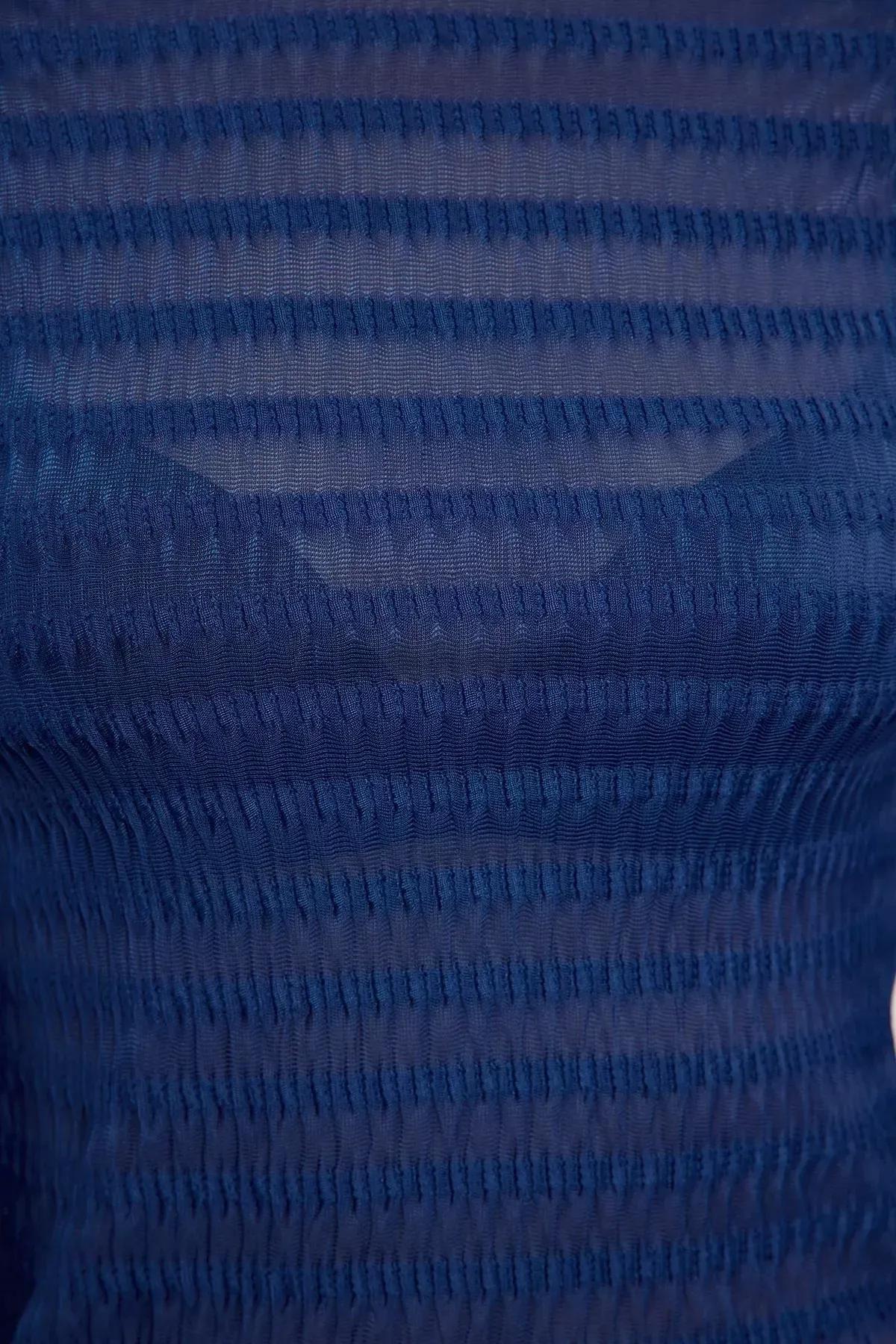 Blue Fitted Textured Tulle Blouse, Indigo, large image number 3