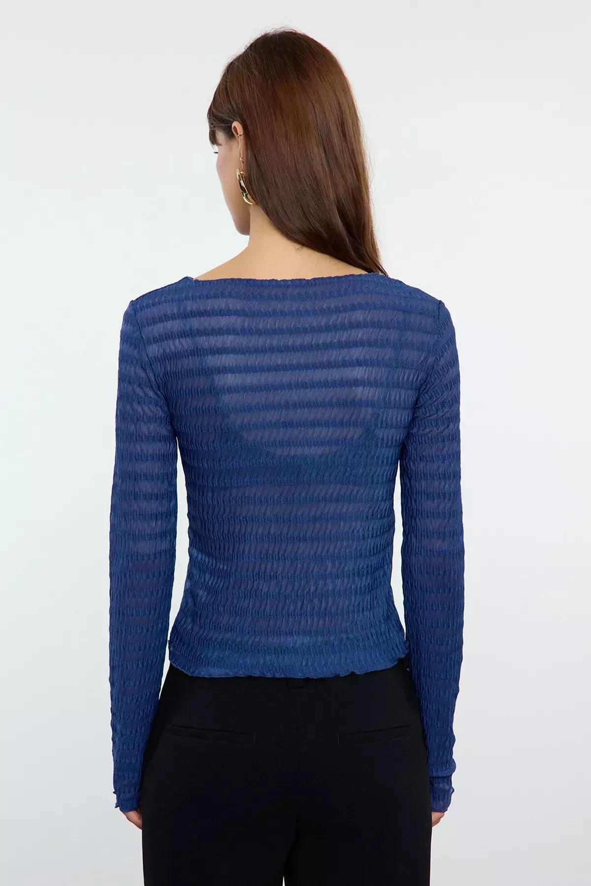Blue Fitted Textured Tulle Blouse, Indigo, large image number 4