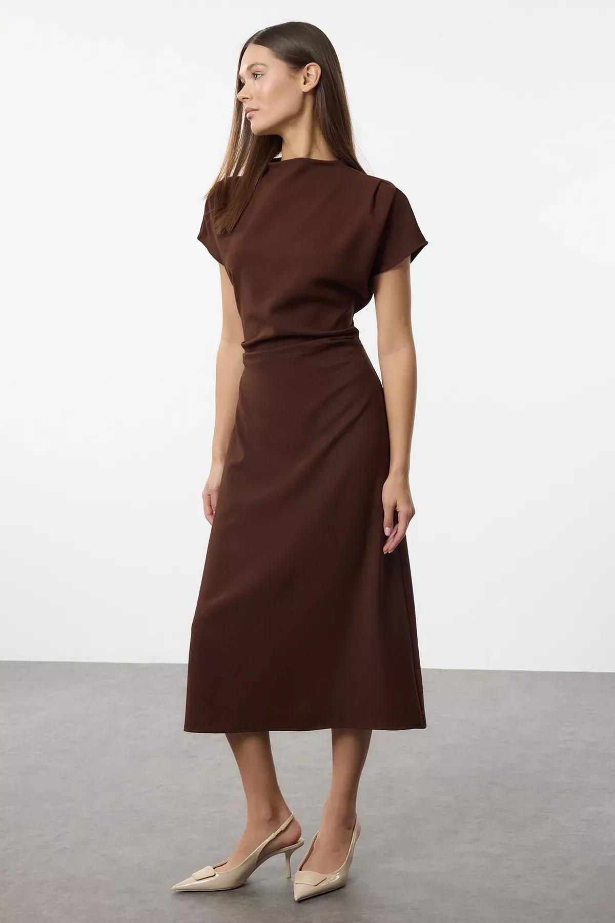 Brown Cowl Neck Midi Dress, Brown, large image number 0