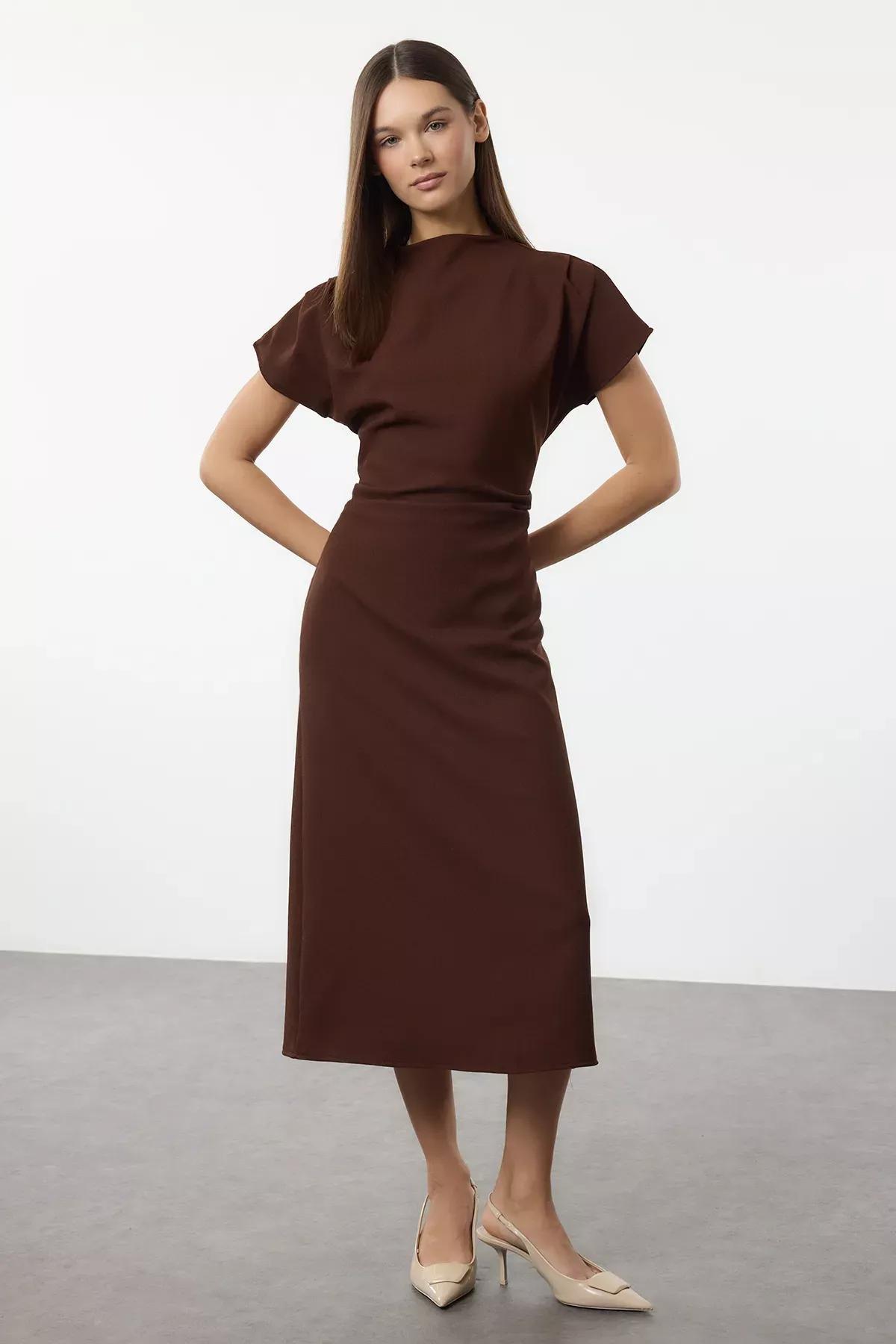 Brown Cowl Neck Midi Dress, Brown, large image number 1