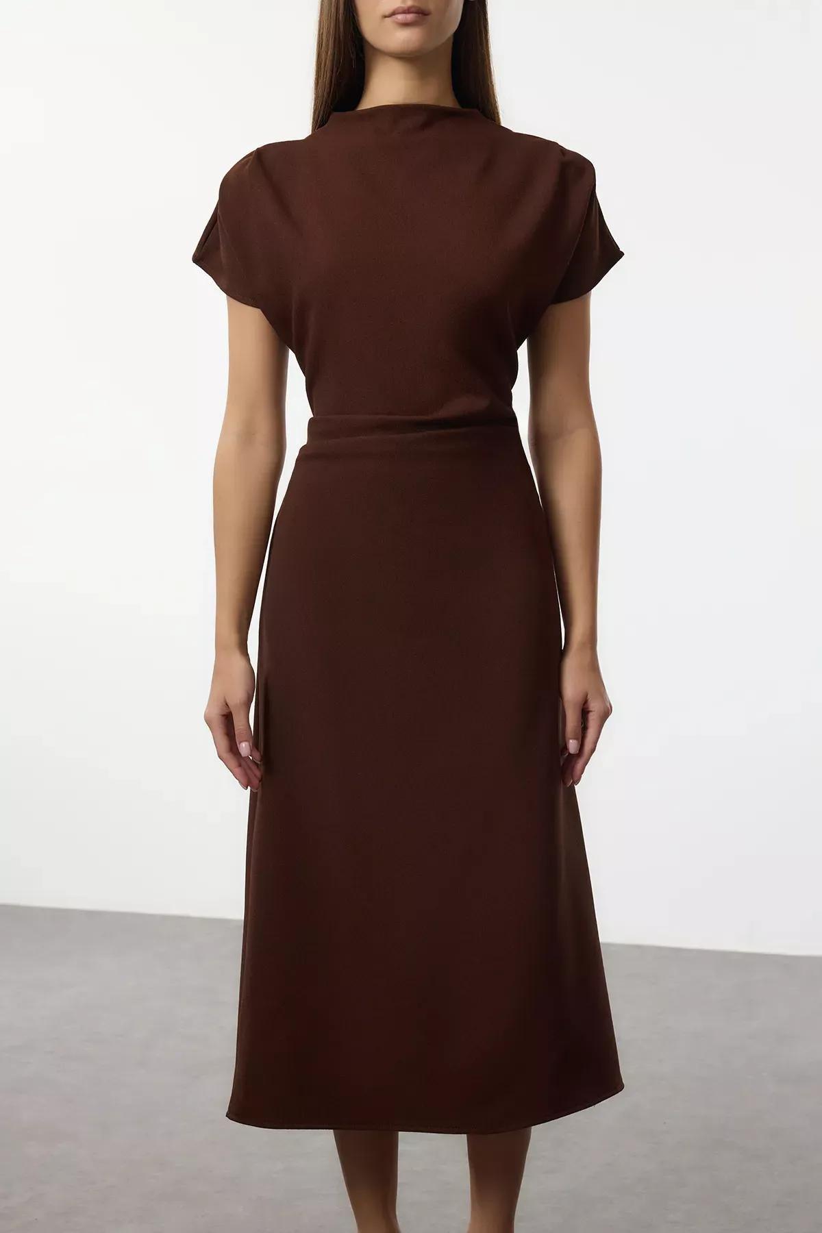 Brown Cowl Neck Midi Dress, Brown, large image number 2