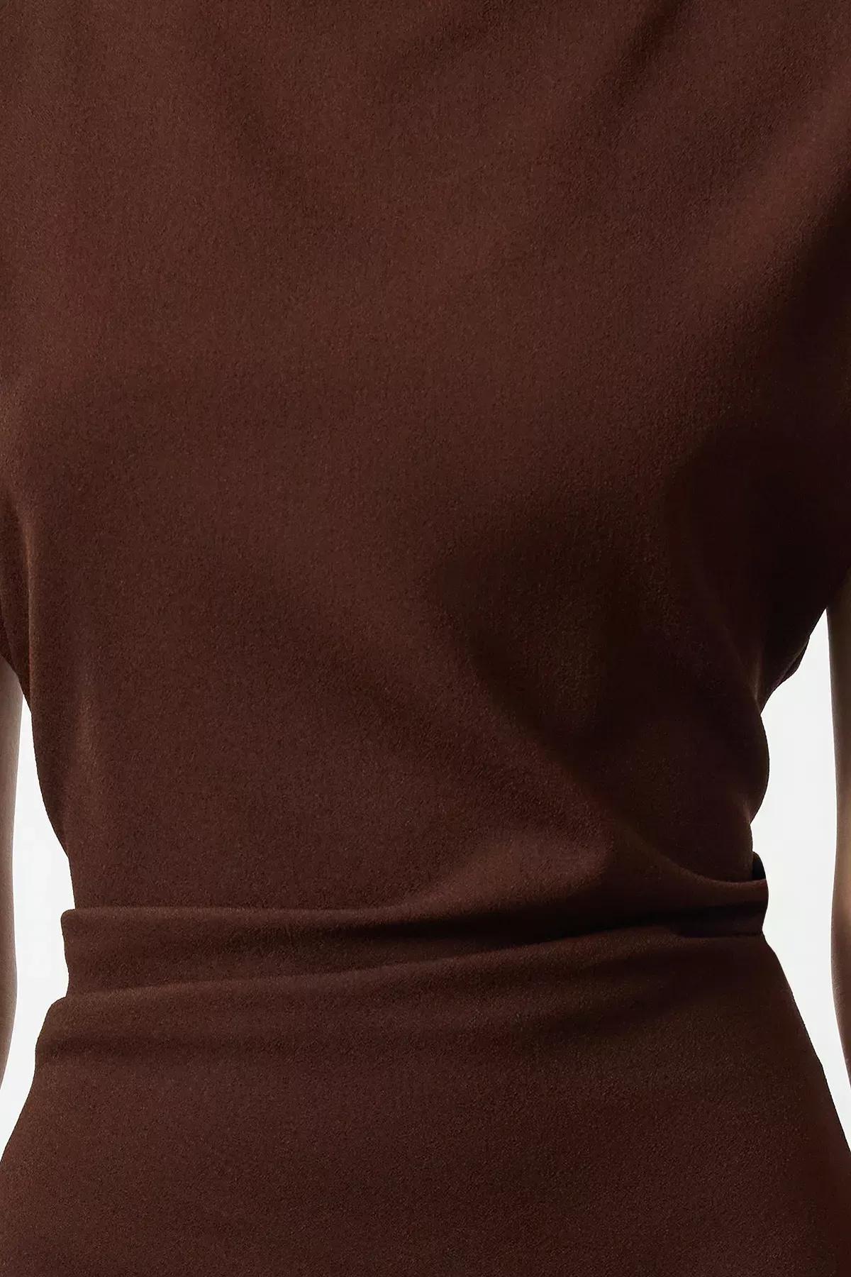 Brown Cowl Neck Midi Dress, Brown, large image number 3