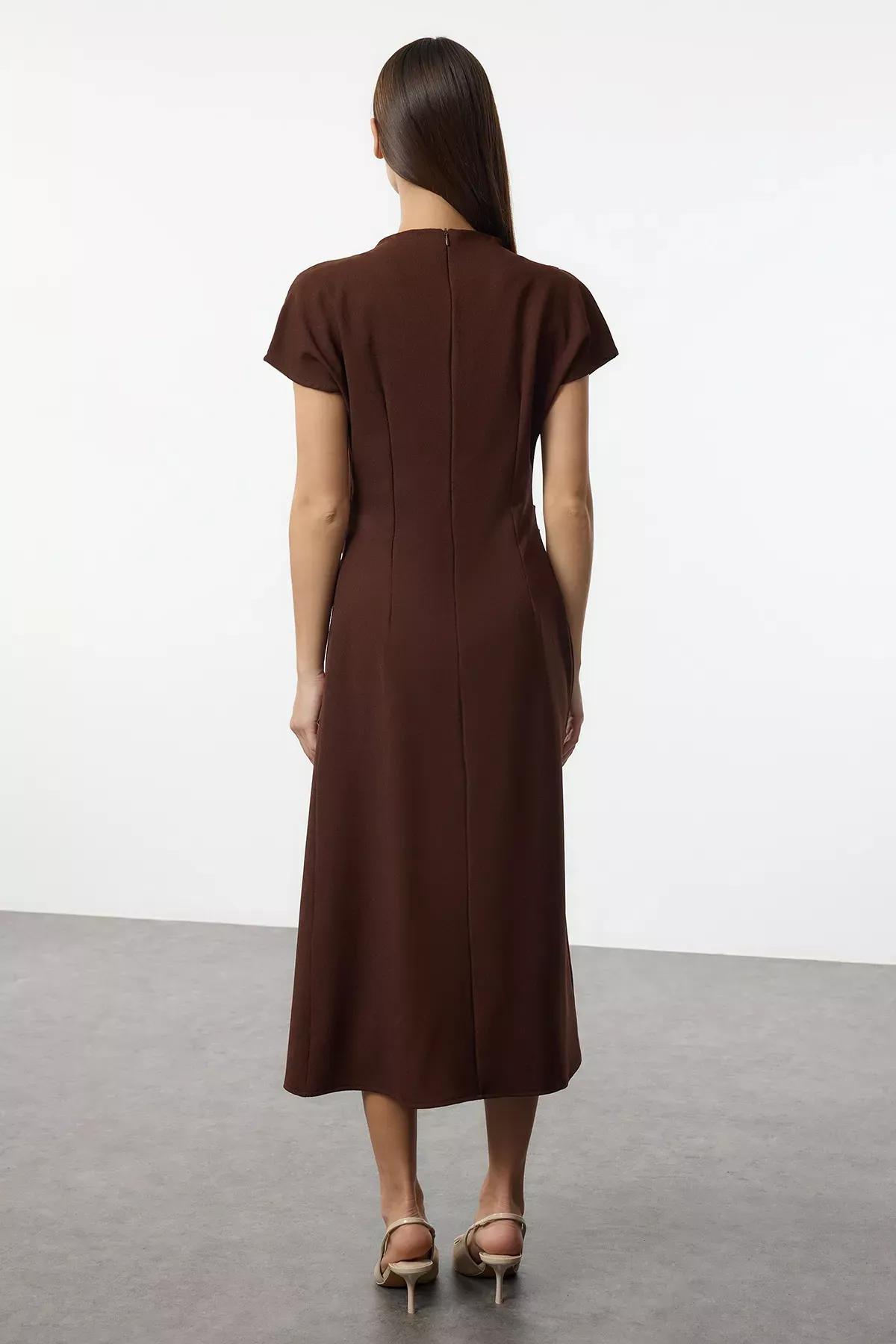 Brown Cowl Neck Midi Dress, Brown, large image number 4