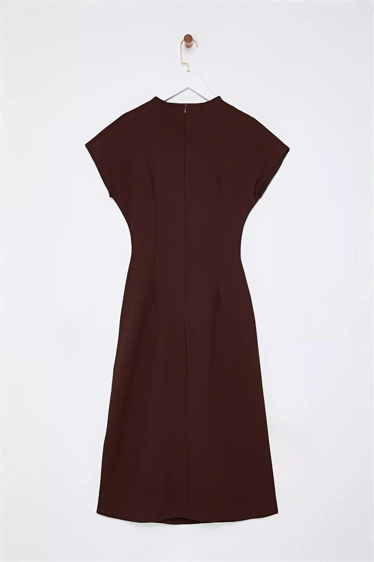 Brown Cowl Neck Midi Dress, Brown, large image number 5
