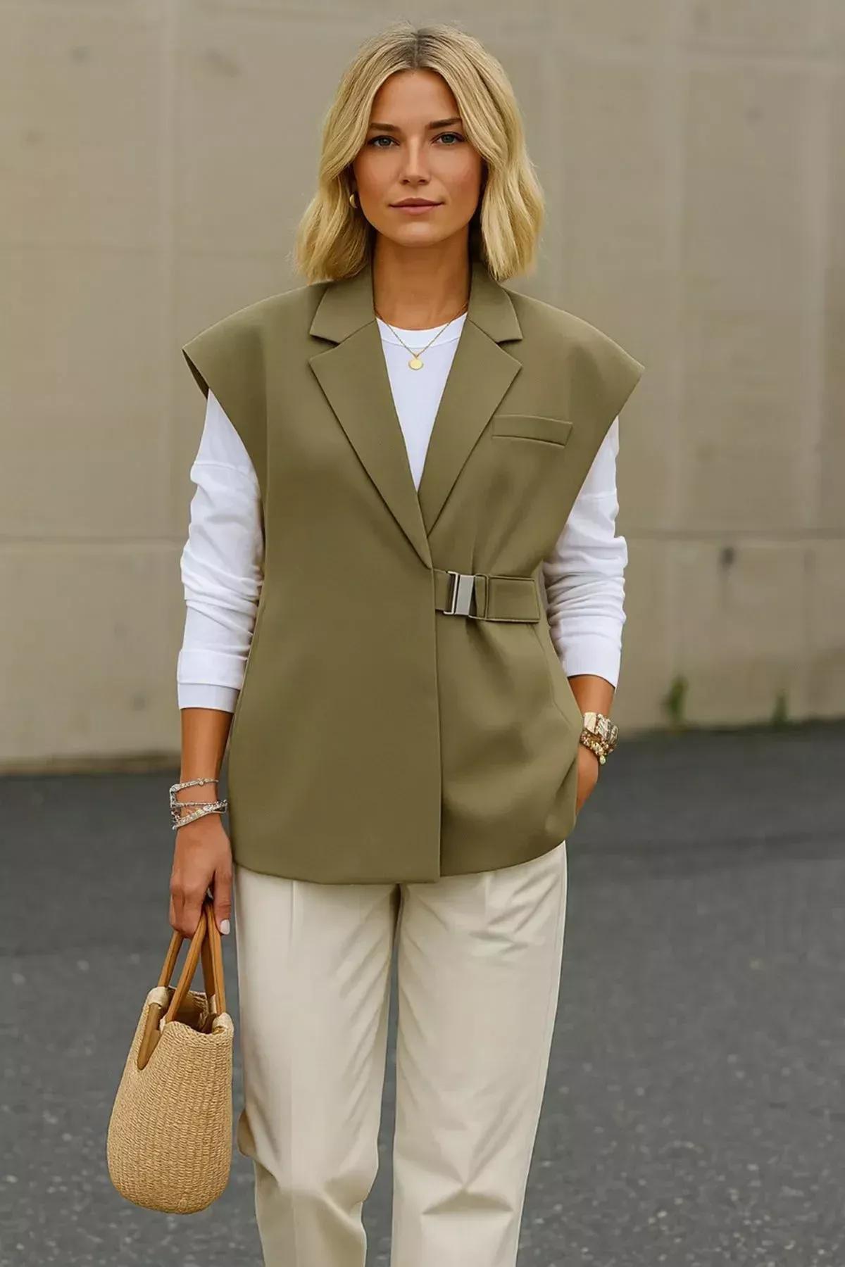 Green Buckled Fabric Vest, Khaki, large image number 1