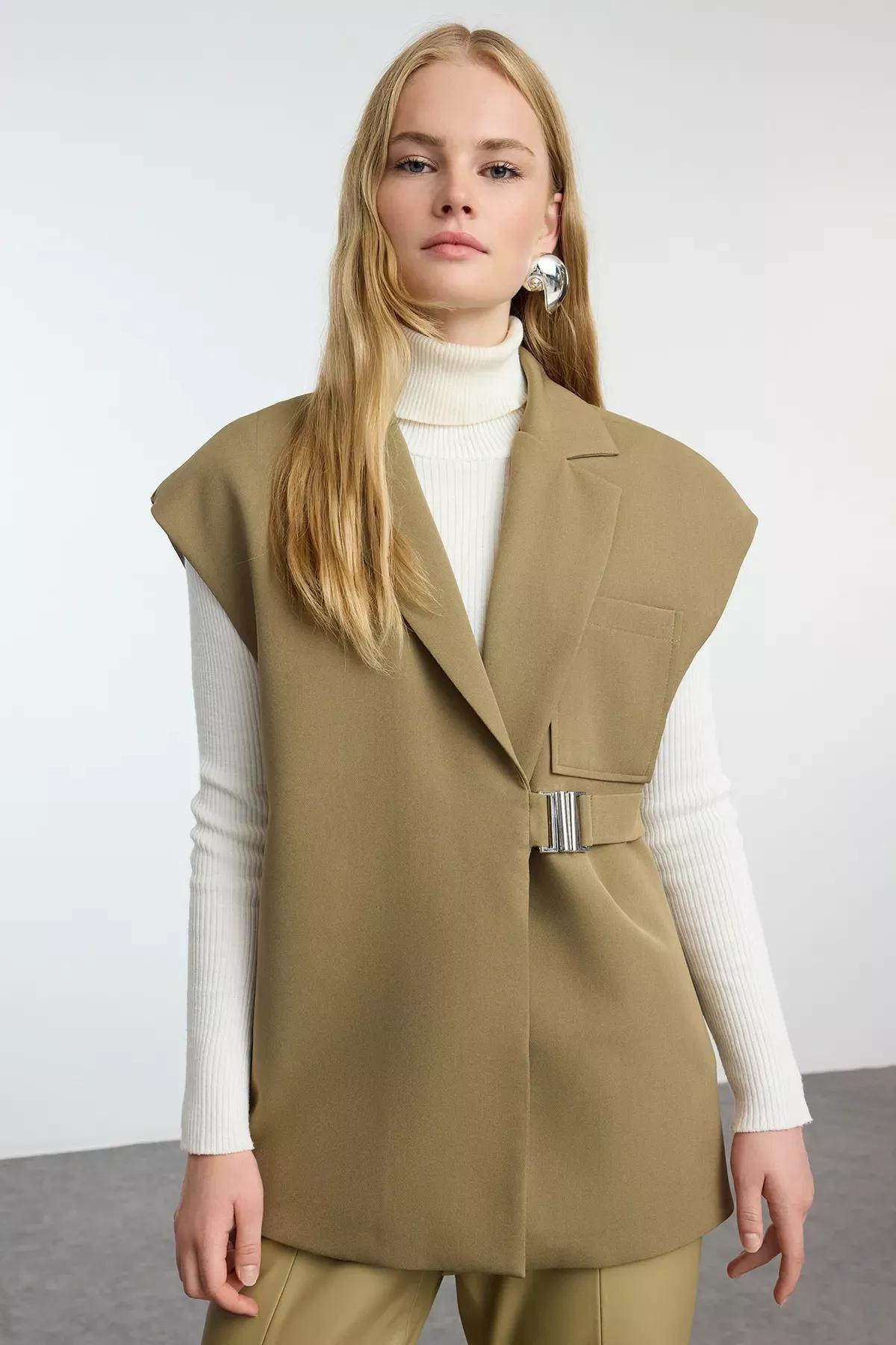 Green Buckled Fabric Vest, Khaki, large image number 2