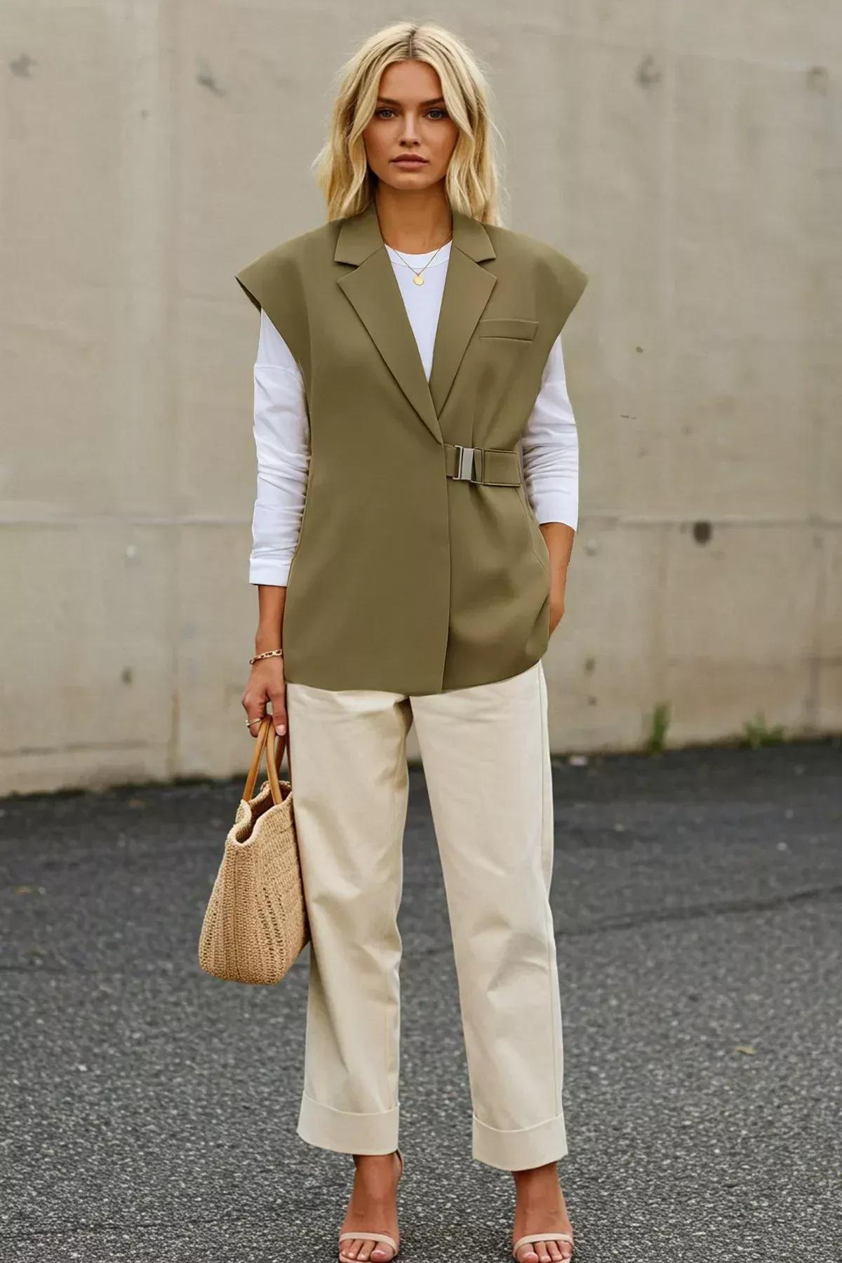 Green Buckled Fabric Vest, Khaki, large image number 3