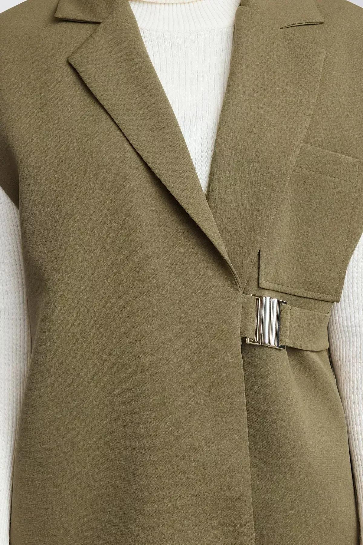 Green Buckled Fabric Vest, Khaki, large image number 5