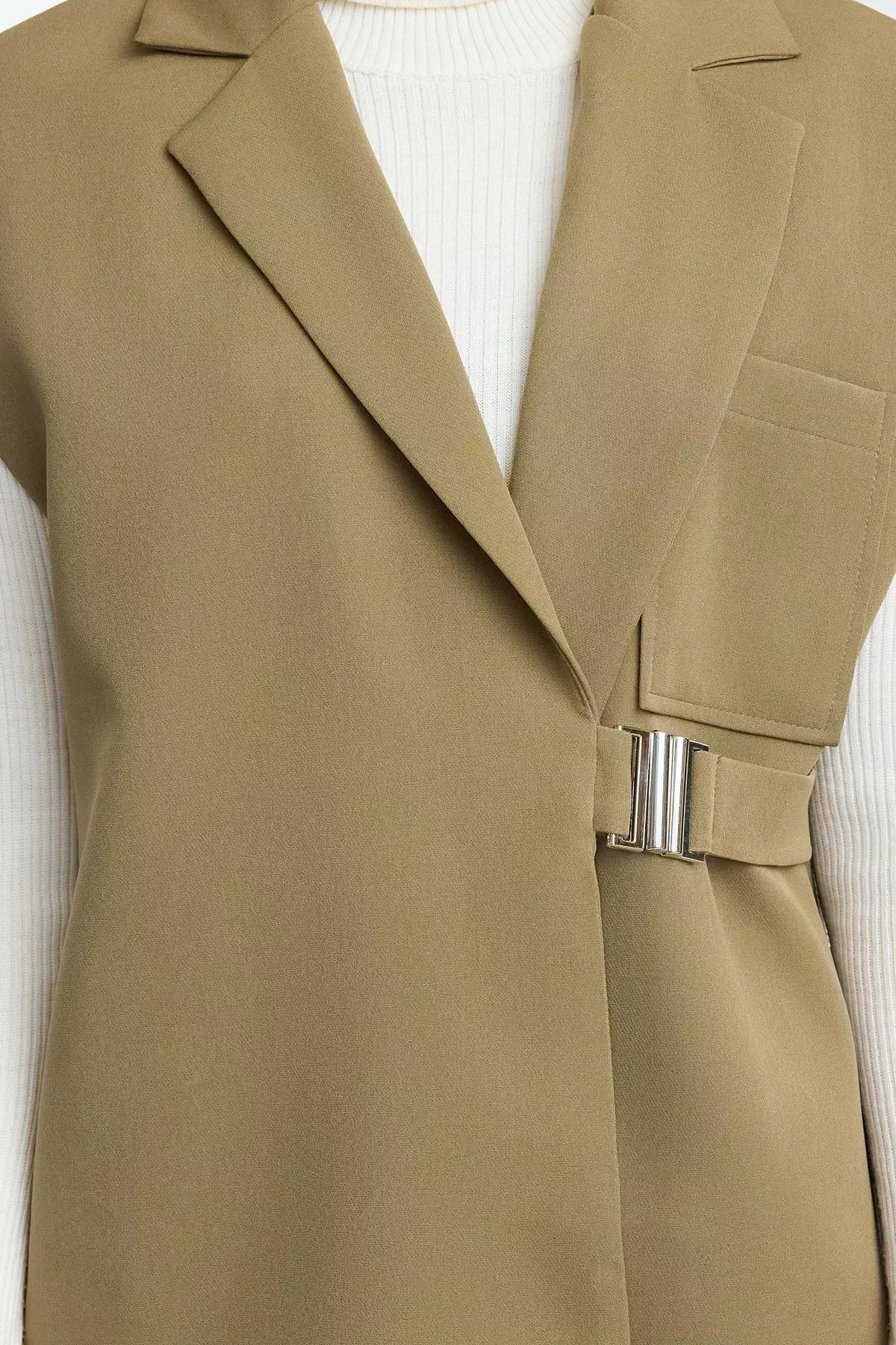 Green Buckled Fabric Vest, Khaki, large image number 6