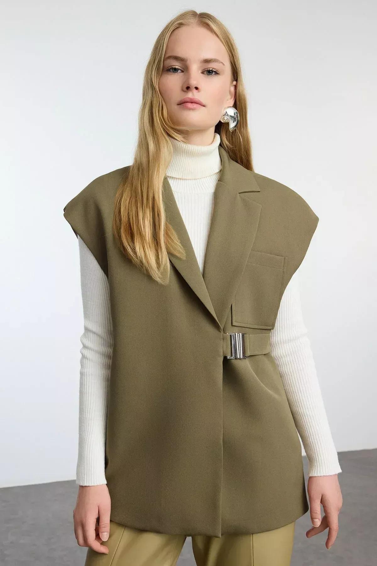 Green Buckled Fabric Vest, Khaki, large image number 7