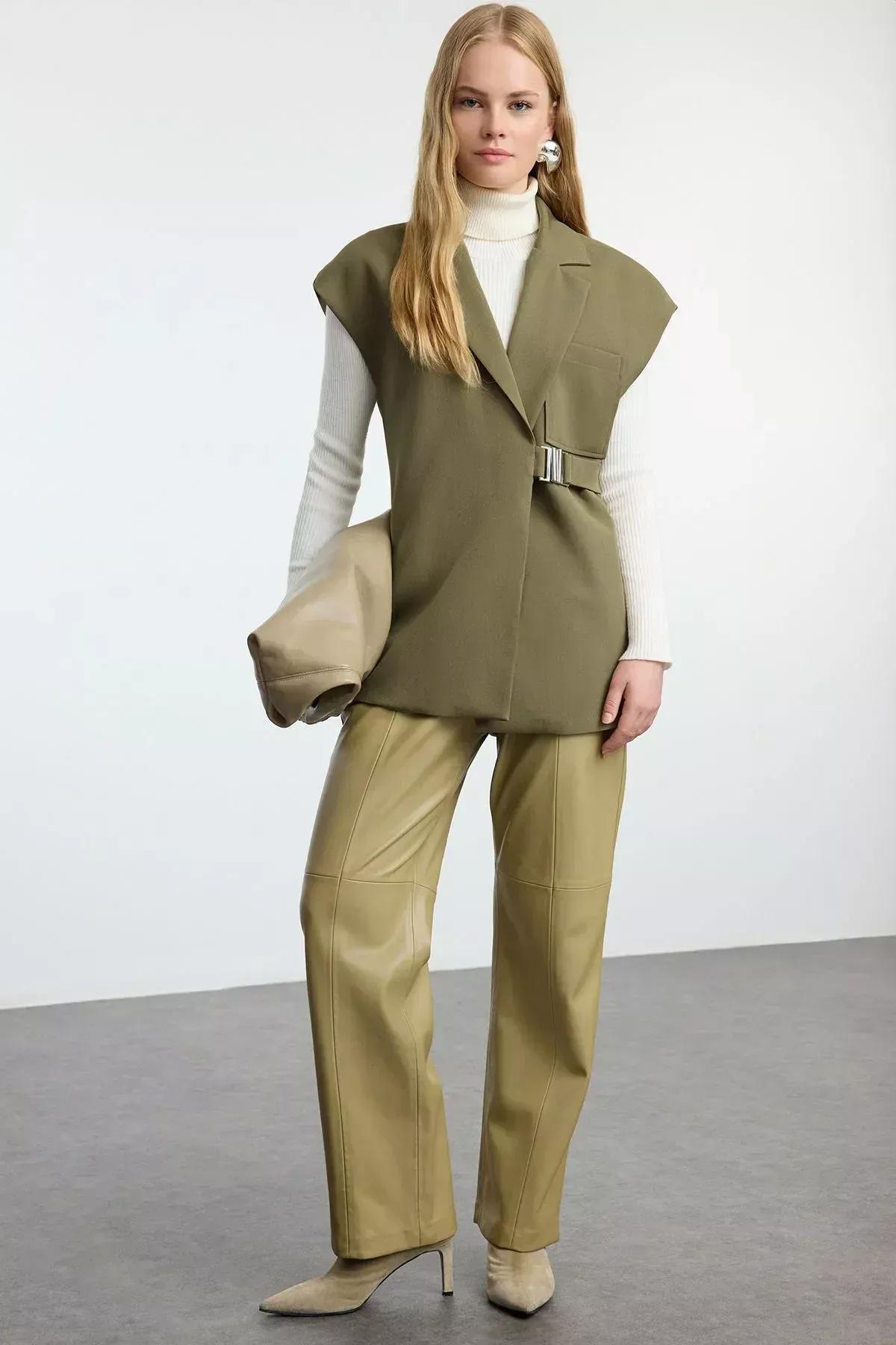 Green Buckled Fabric Vest, Khaki, large image number 9