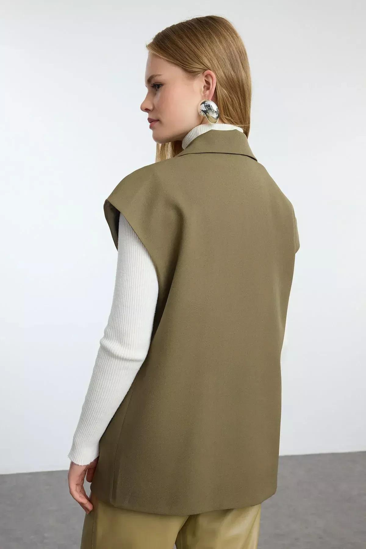 Green Buckled Fabric Vest, Khaki, large image number 10