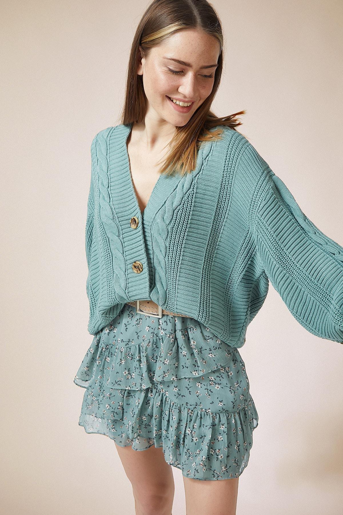 Turquoise Oversized Basic Cardigan, CAGLA GREEN, large image number 0