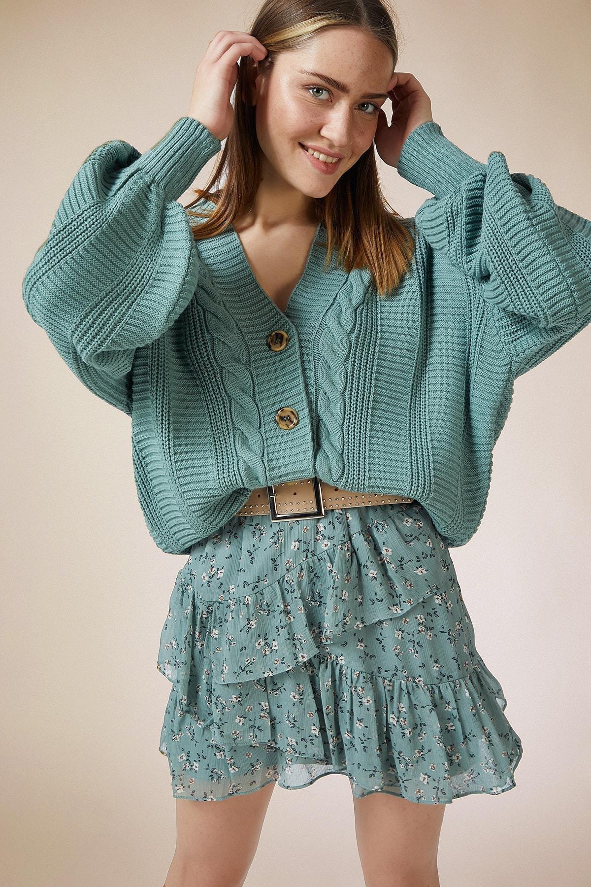 Turquoise Oversized Basic Cardigan, CAGLA GREEN, large image number 1