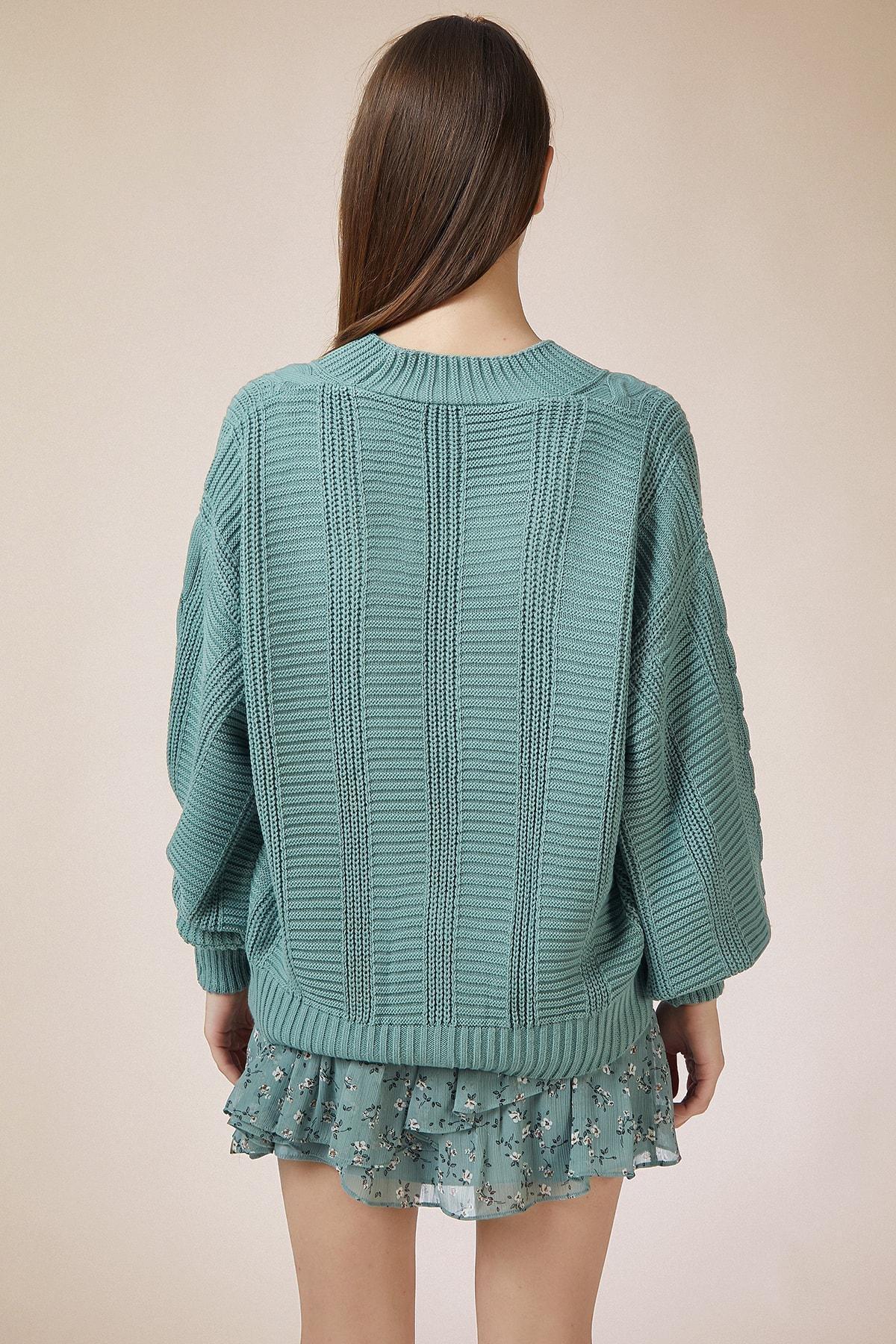 Turquoise Oversized Basic Cardigan, CAGLA GREEN, large image number 3