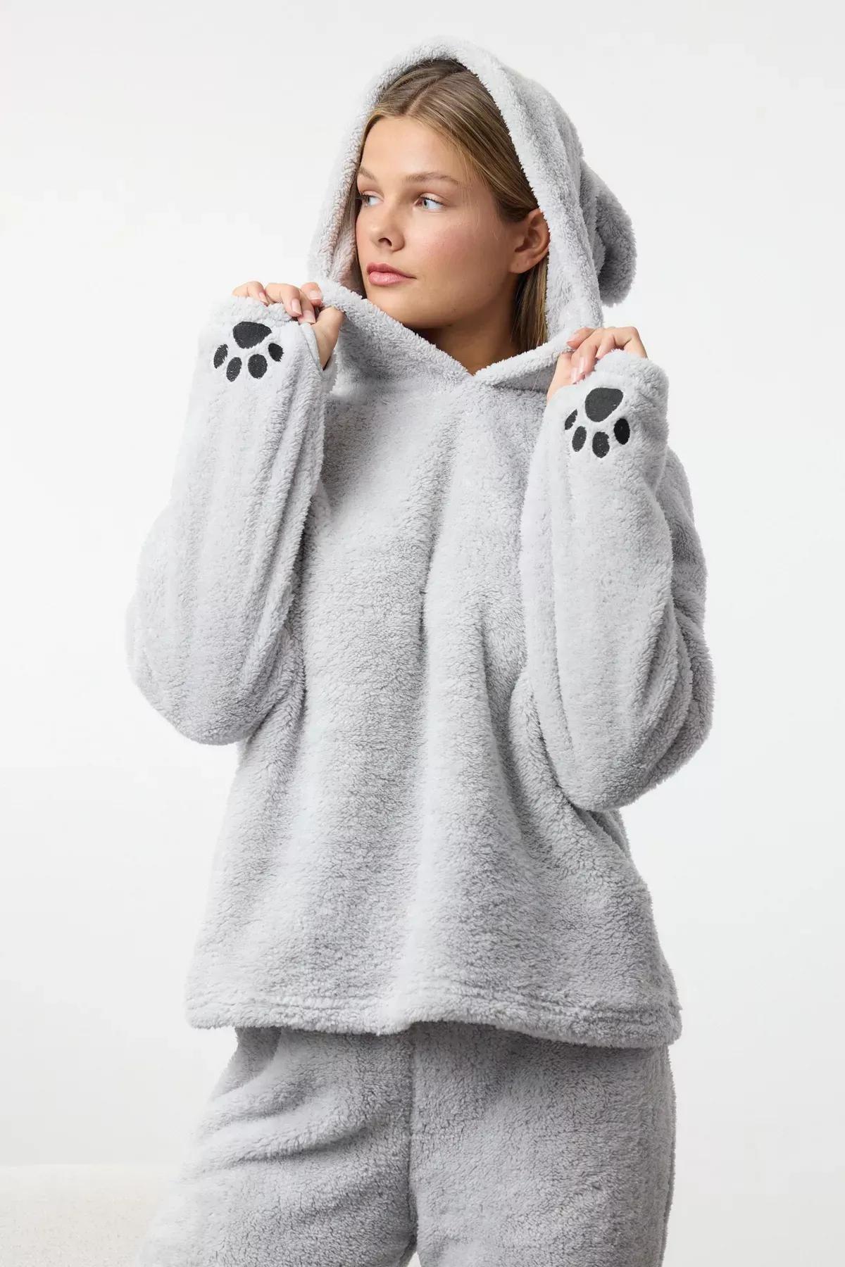 Grey Hooded Embroidered Knitted Pyjamas Set, Grey, medium