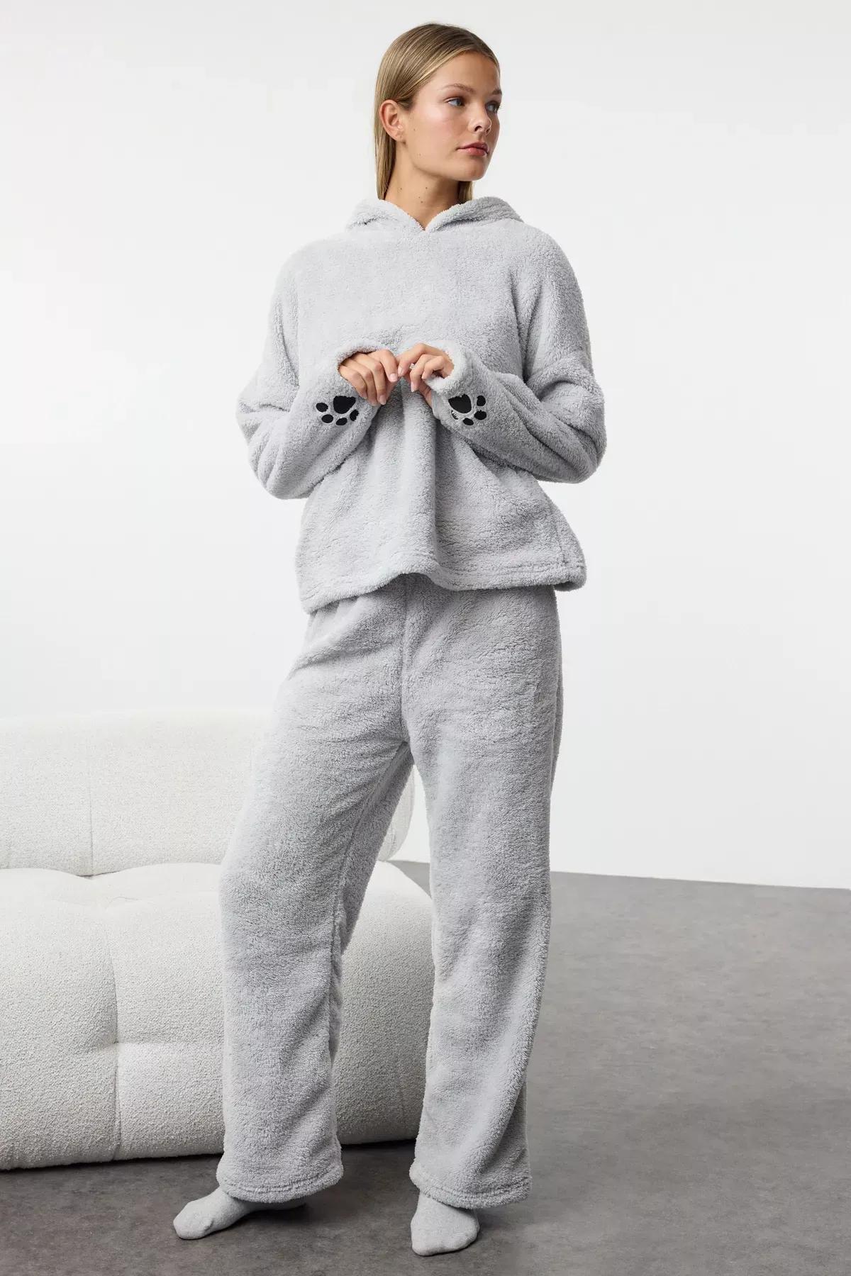 Grey Hooded Embroidered Knitted Pyjamas Set, Grey, medium