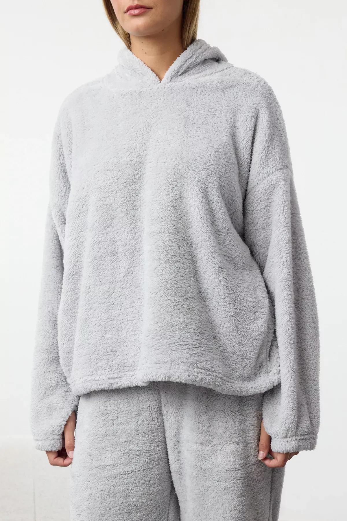 Grey Hooded Embroidered Knitted Pyjamas Set, Grey, large image number 2