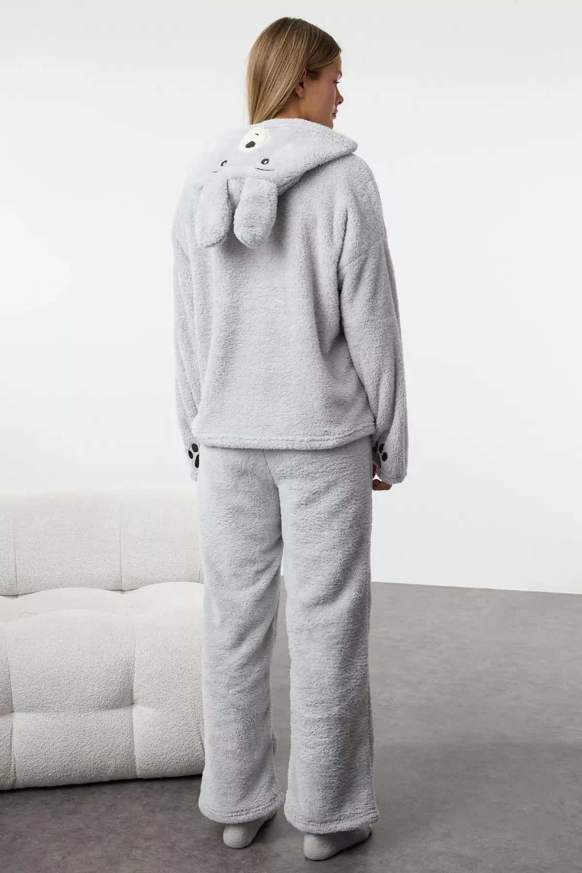 Grey Hooded Embroidered Knitted Pyjamas Set, Grey, large image number 4