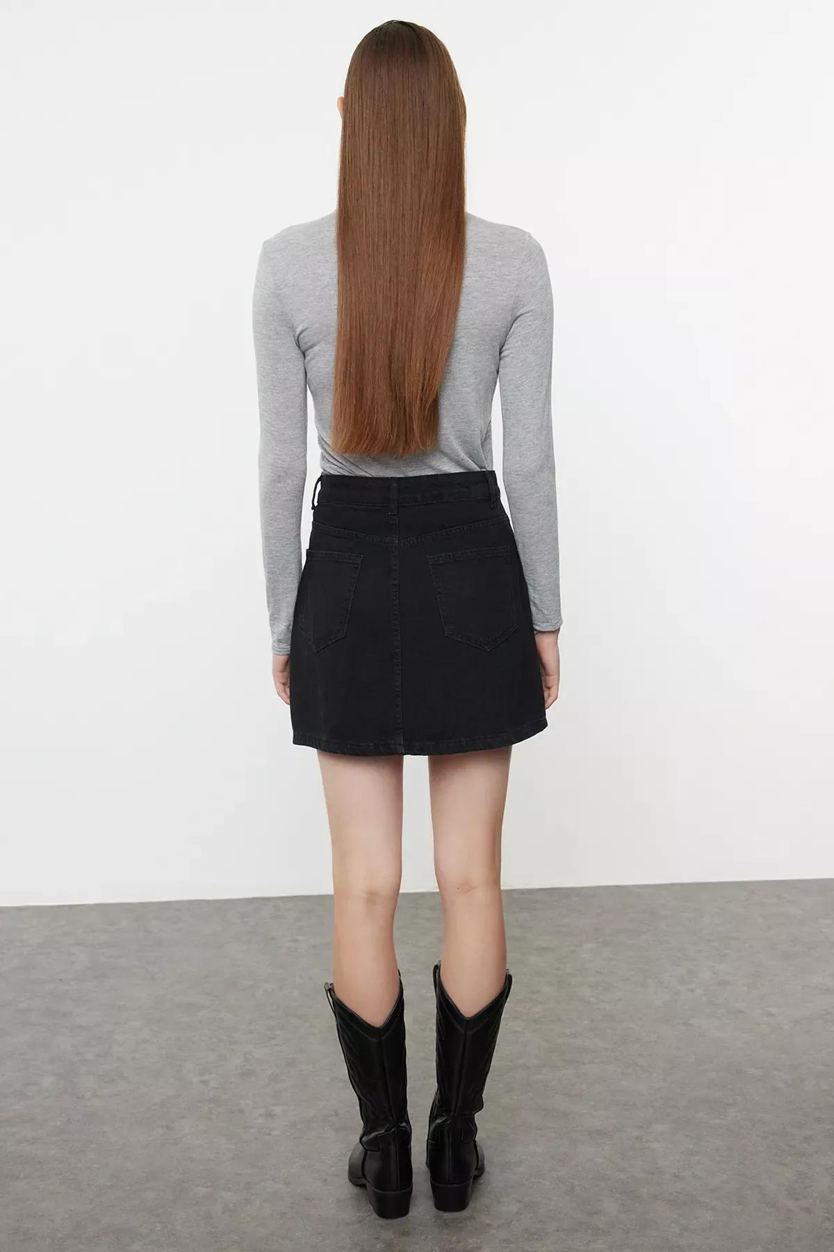 Grey Beige Detailed Mini Denim Skirt, , large image number 4