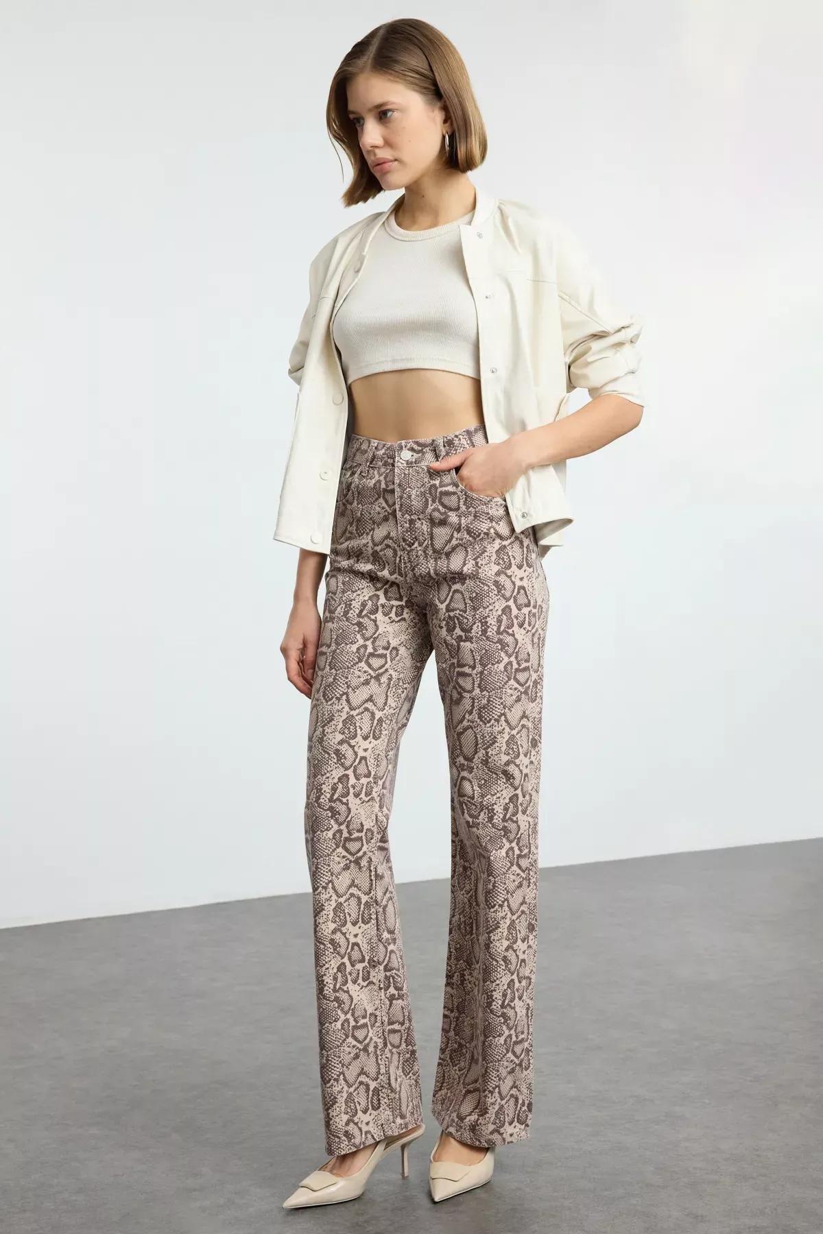 Brown Snake Print Wide Jeans, , large image number 0