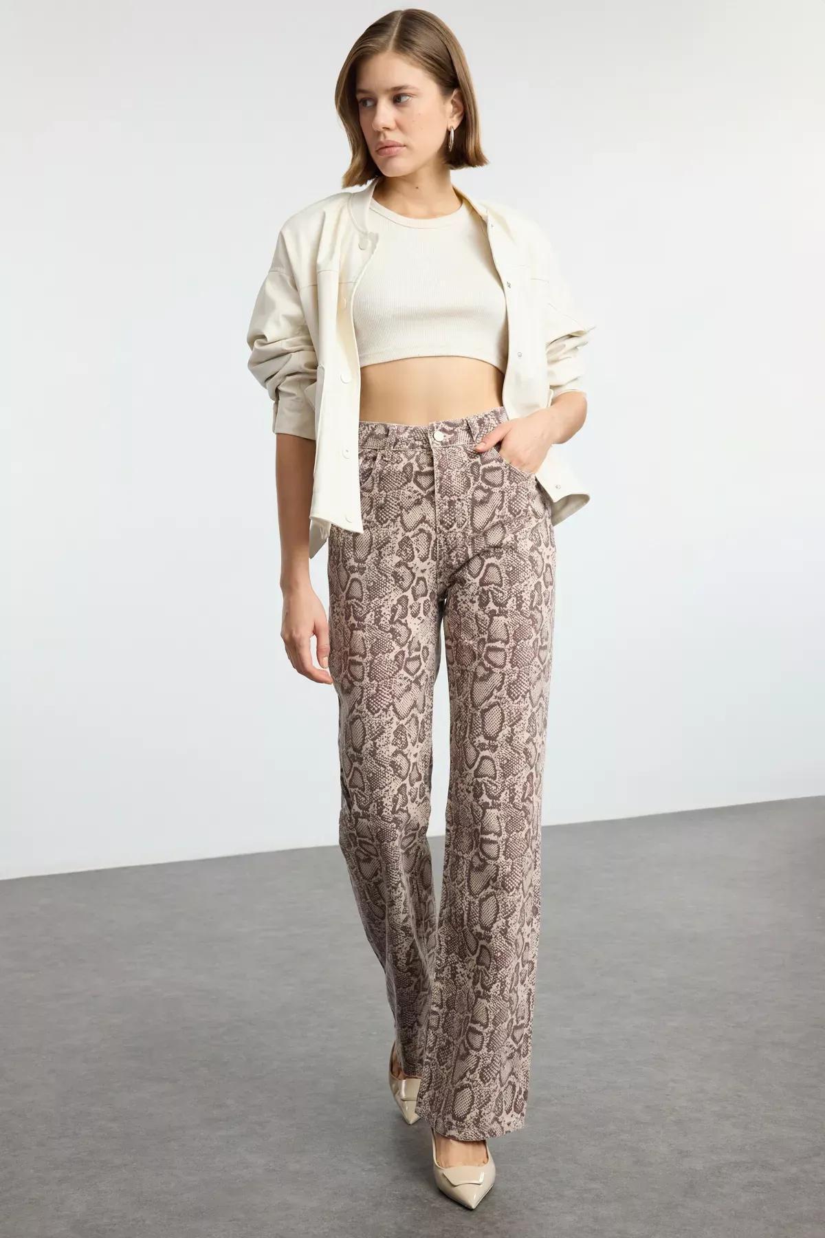 Brown Snake Print Wide Jeans, , large image number 1
