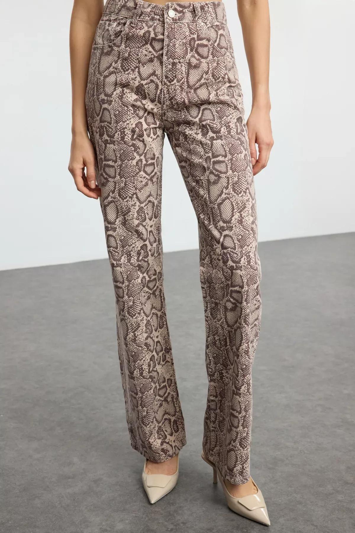 Brown Snake Print Wide Jeans, , large image number 2