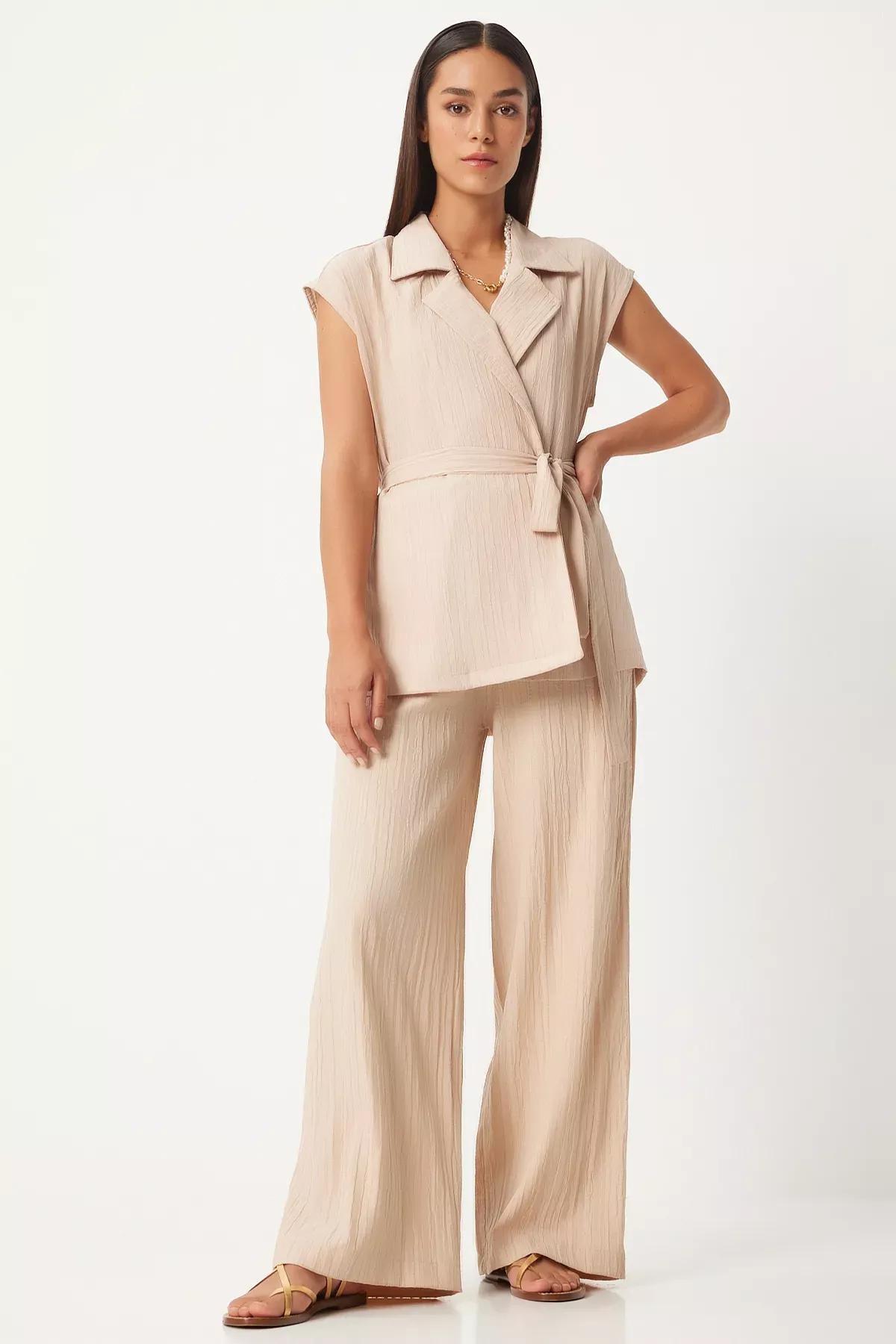 Cream Belted Knit Palazzo Suit, Cream, large image number 0