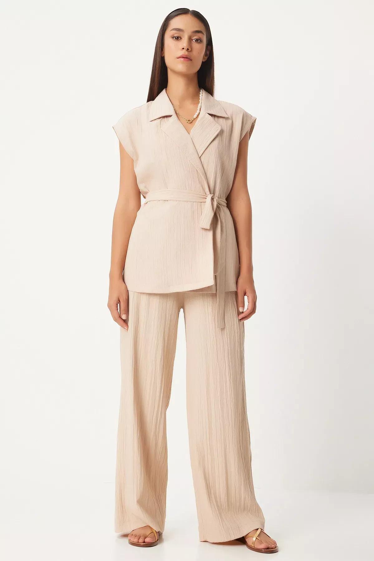 Cream Belted Knit Palazzo Suit, Cream, large image number 1