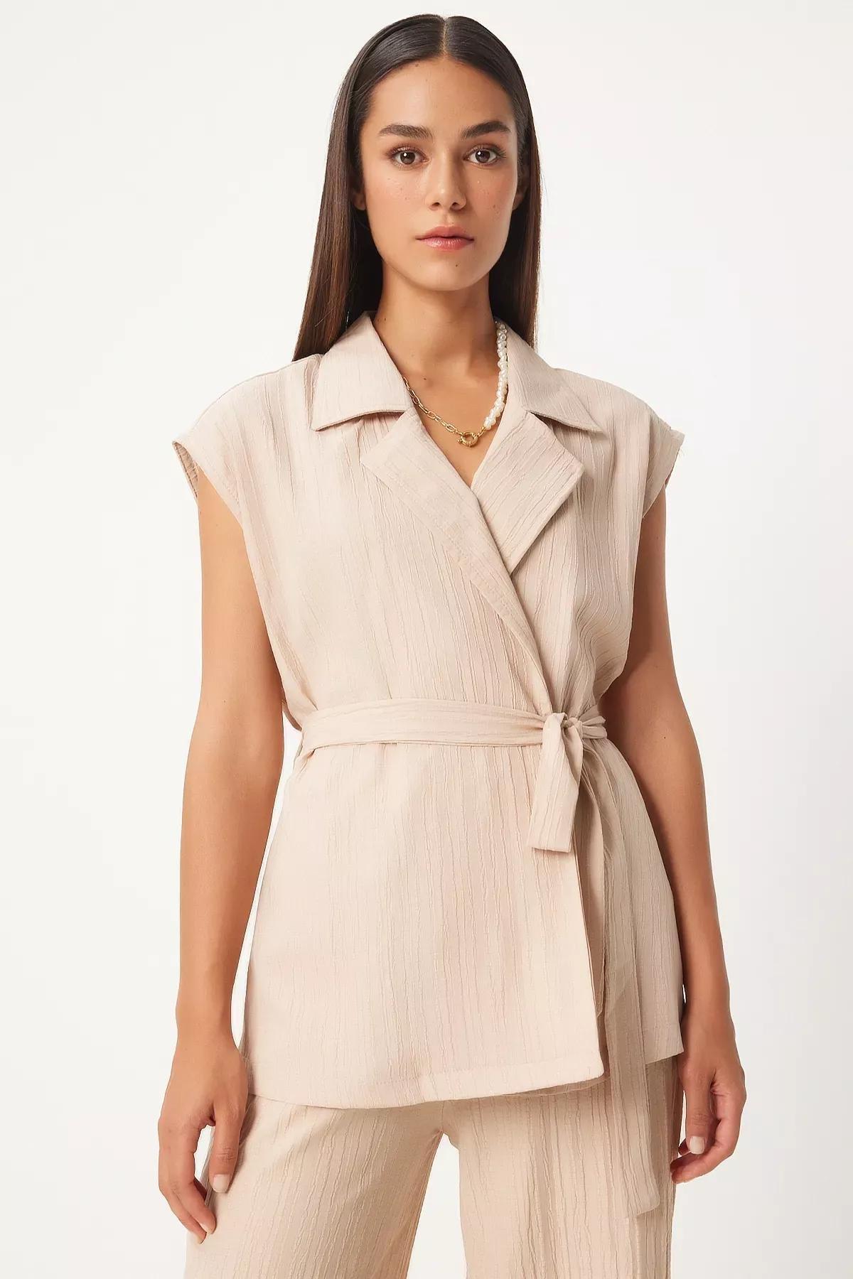 Cream Belted Knit Palazzo Suit, Cream, large image number 2