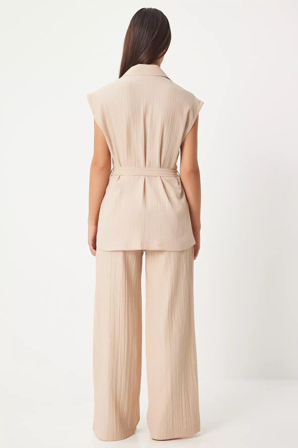 Cream Belted Knit Palazzo Suit, Cream, large image number 5