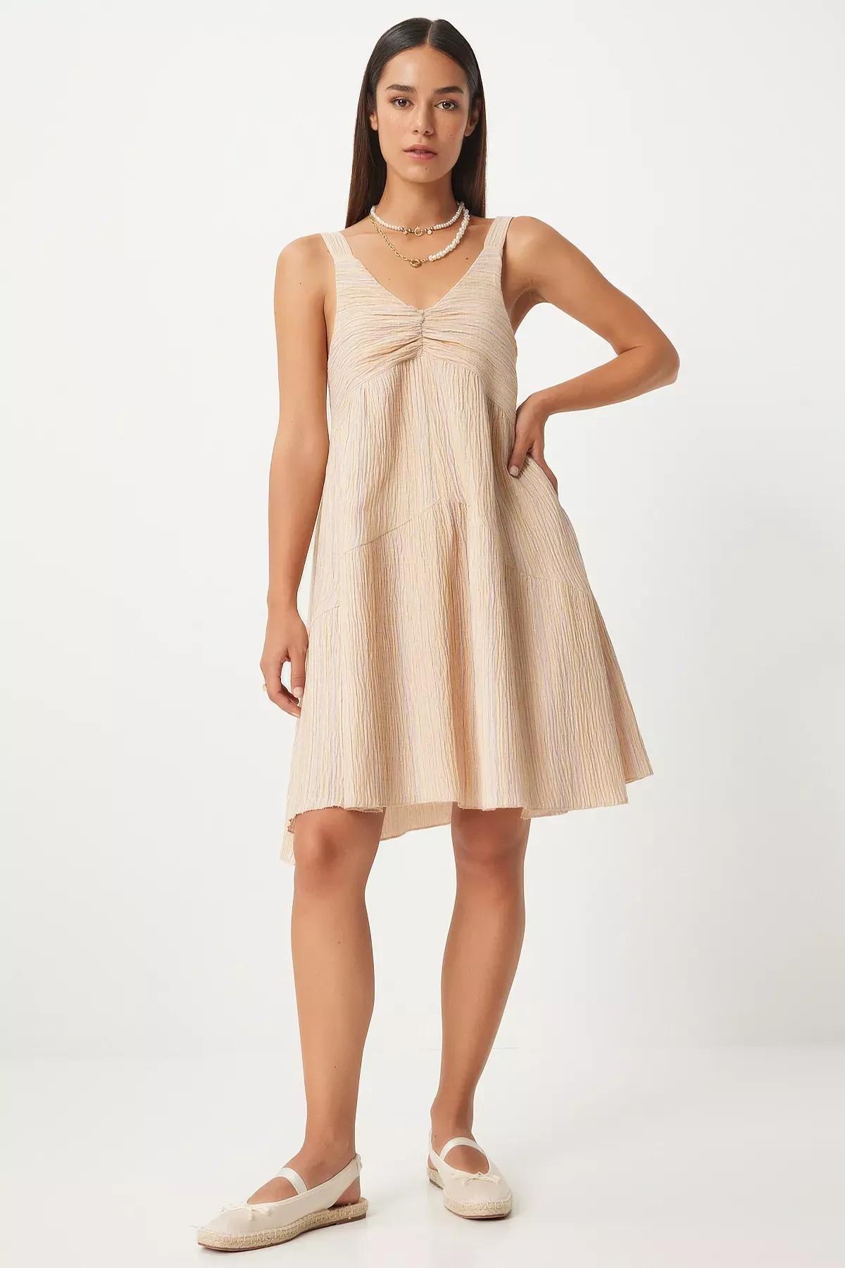 Cream Gathered Collared A-Line Knitted Dress, Cream, large image number 0