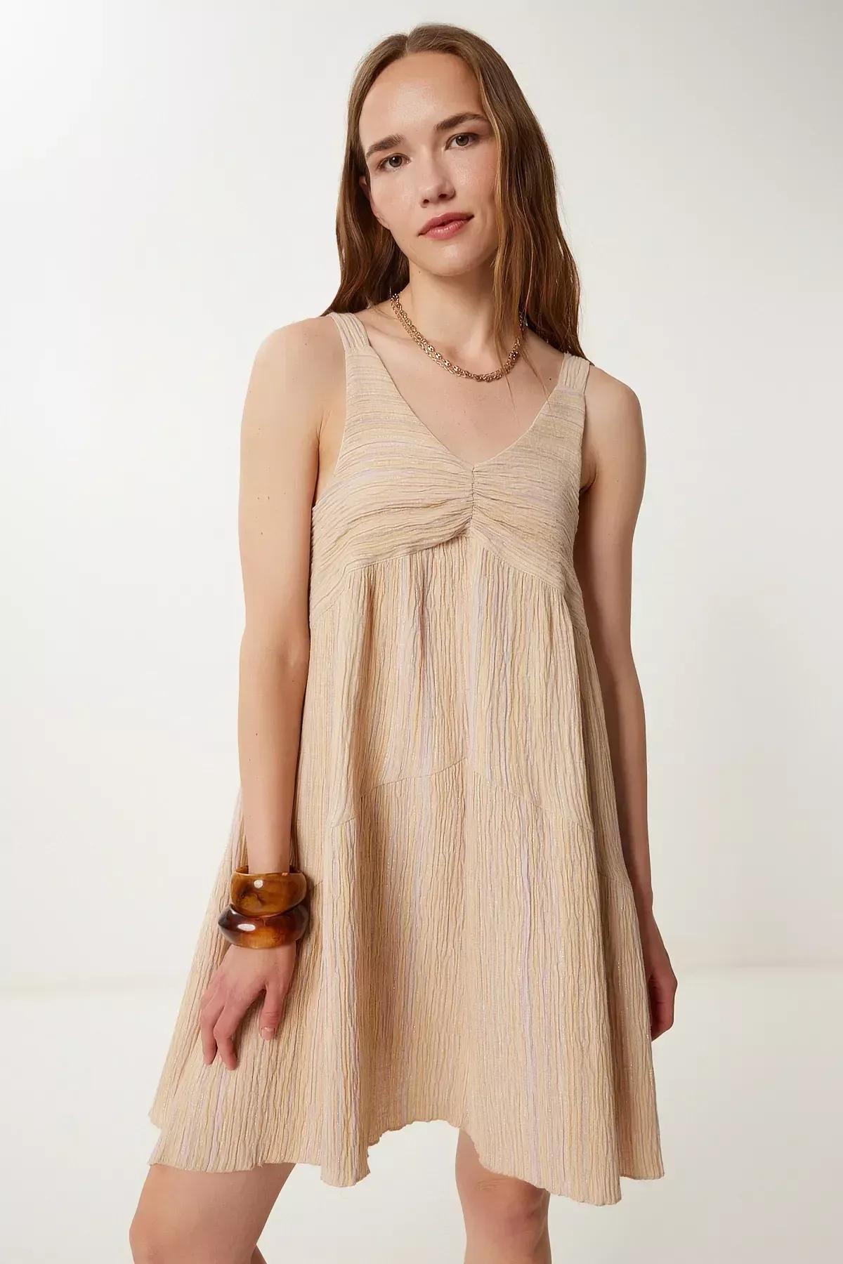 Cream Gathered Collared A-Line Knitted Dress, Cream, large image number 1