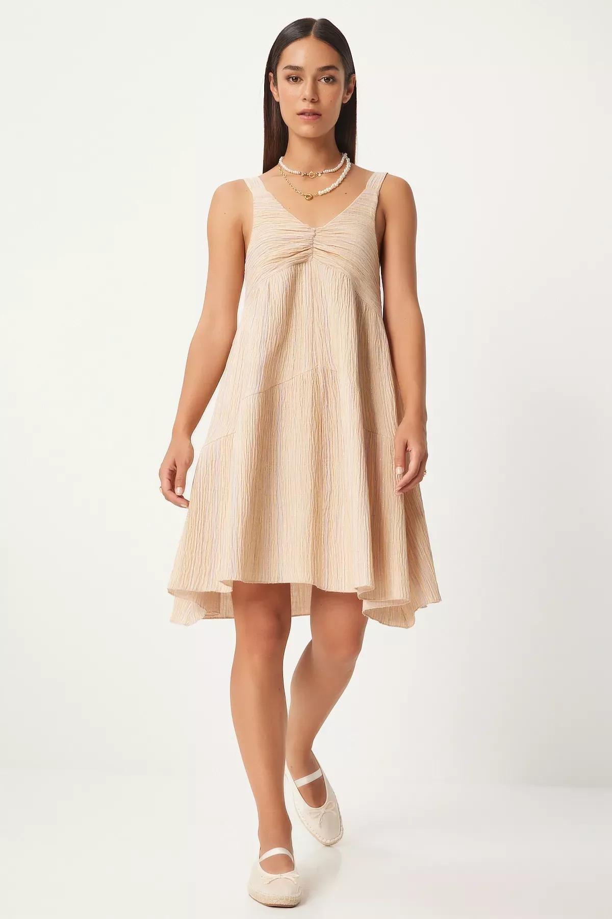 Cream Gathered Collared A-Line Knitted Dress, Cream, large image number 2