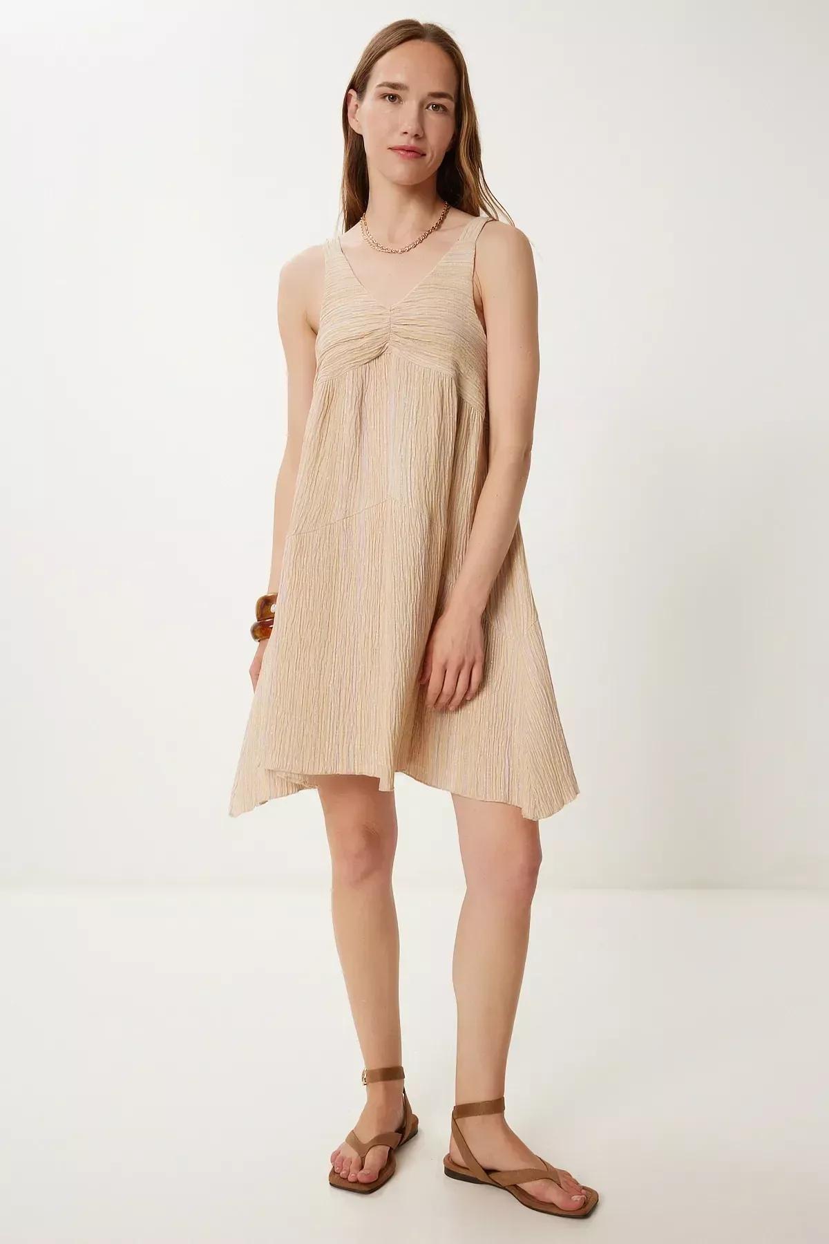 Cream Gathered Collared A-Line Knitted Dress, Cream, large image number 3