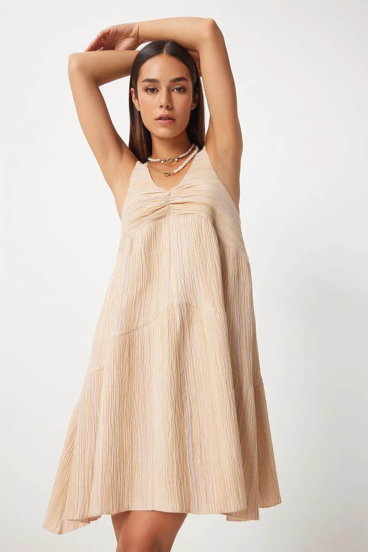 Cream Gathered Collared A-Line Knitted Dress, Cream, large image number 4