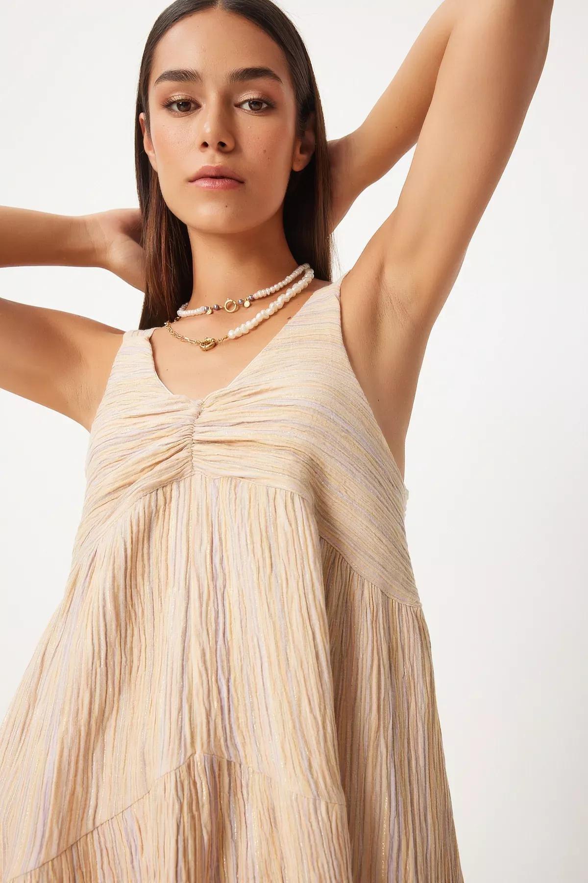 Cream Gathered Collared A-Line Knitted Dress, Cream, large image number 6