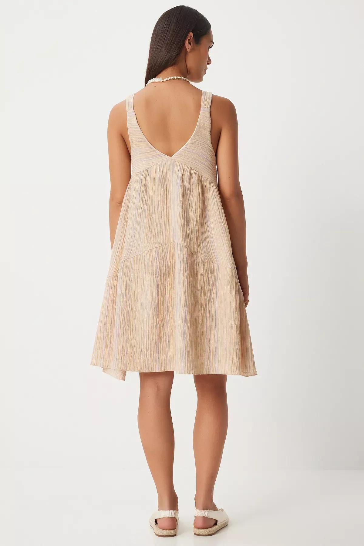 Cream Gathered Collared A-Line Knitted Dress, Cream, large image number 8